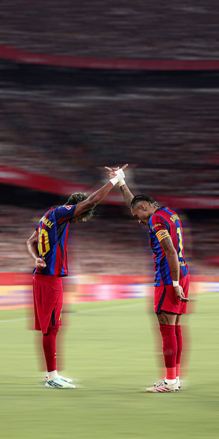 Two determined football players in vibrant Barcelona jerseys connect with a powerful finger-touch gesture on the field, creating a dynamic and inspiring 4K wallpaper — a perfect mobile wallpaper for iPhone to showcase team spirit. | sports football stadium iphone soccer barcelona wallpaper raphinha players lamine yamal mobile 4k wallpaper hd wallpaper fcbarcelona teamwork Two determined football players in vibrant Barcelona jerseys connect with a powerful finger-touch gesture on the field, creating a dynamic and inspiring 4K wallpaper — a perfect mobile wallpaper for iPhone to showcase team spirit.