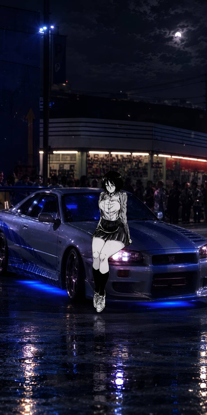 The Nissan Skyline GT-R's sleek blue body gleams on a wet night city street, radiating striking neon underglow in this captivating 4K wallpaper. An enigmatic anime girl in a school uniform sits coolly on its hood, creating a perfect aesthetic wallpaper for your iPhone. | car girl anime 4k nissan The Nissan Skyline GT-R's sleek blue body gleams on a wet night city street, radiating striking neon underglow in this captivating 4K wallpaper. An enigmatic anime girl in a school uniform sits coolly on its hood, creating a perfect aesthetic wallpaper for your iPhone.