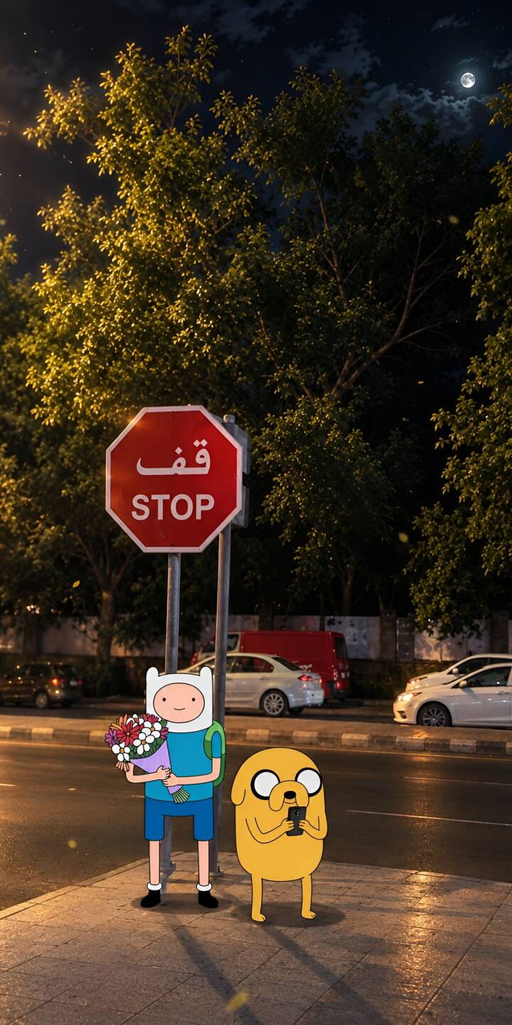 Finn clutches a vibrant bouquet of flowers while Jake checks his phone, standing at a real-world stop sign in this enchanting 4K hybrid art wallpaper, perfect for your iPhone. | flowers 4k cute adventure time finn and jake Finn clutches a vibrant bouquet of flowers while Jake checks his phone, standing at a real-world stop sign in this enchanting 4K hybrid art wallpaper, perfect for your iPhone.
