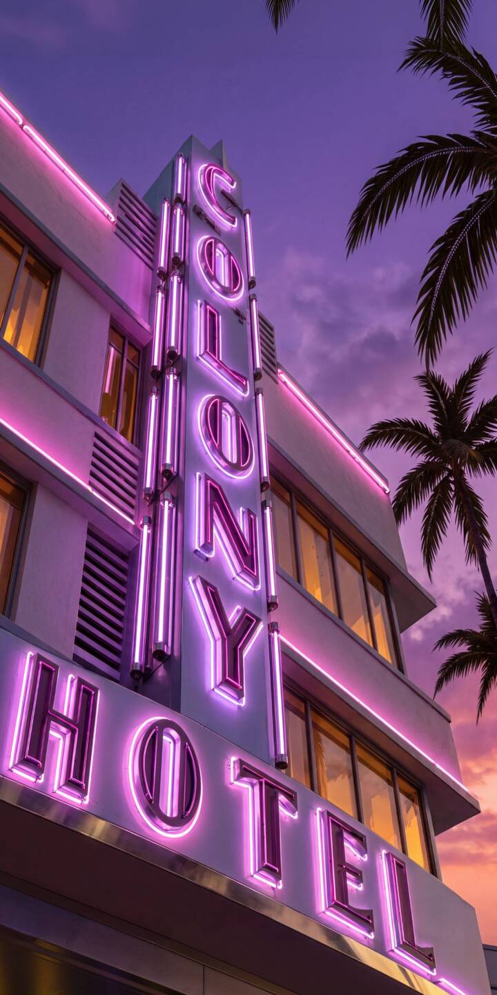 Vibrant purple neon lights illuminate the iconic Colony Hotel sign against a stunning twilight sky in this captivating 4K wallpaper. With classic Art Deco architecture and silhouetted palm trees, this aesthetic wallpaper is perfect for any iPhone. | sunset iphone miami wallpaper neon lights mobile palm trees 4k wallpaper hd wallpaper purple aesthetic art deco colony hotel Vibrant purple neon lights illuminate the iconic Colony Hotel sign against a stunning twilight sky in this captivating 4K wallpaper. With classic Art Deco architecture and silhouetted palm trees, this aesthetic wallpaper is perfect for any iPhone.
