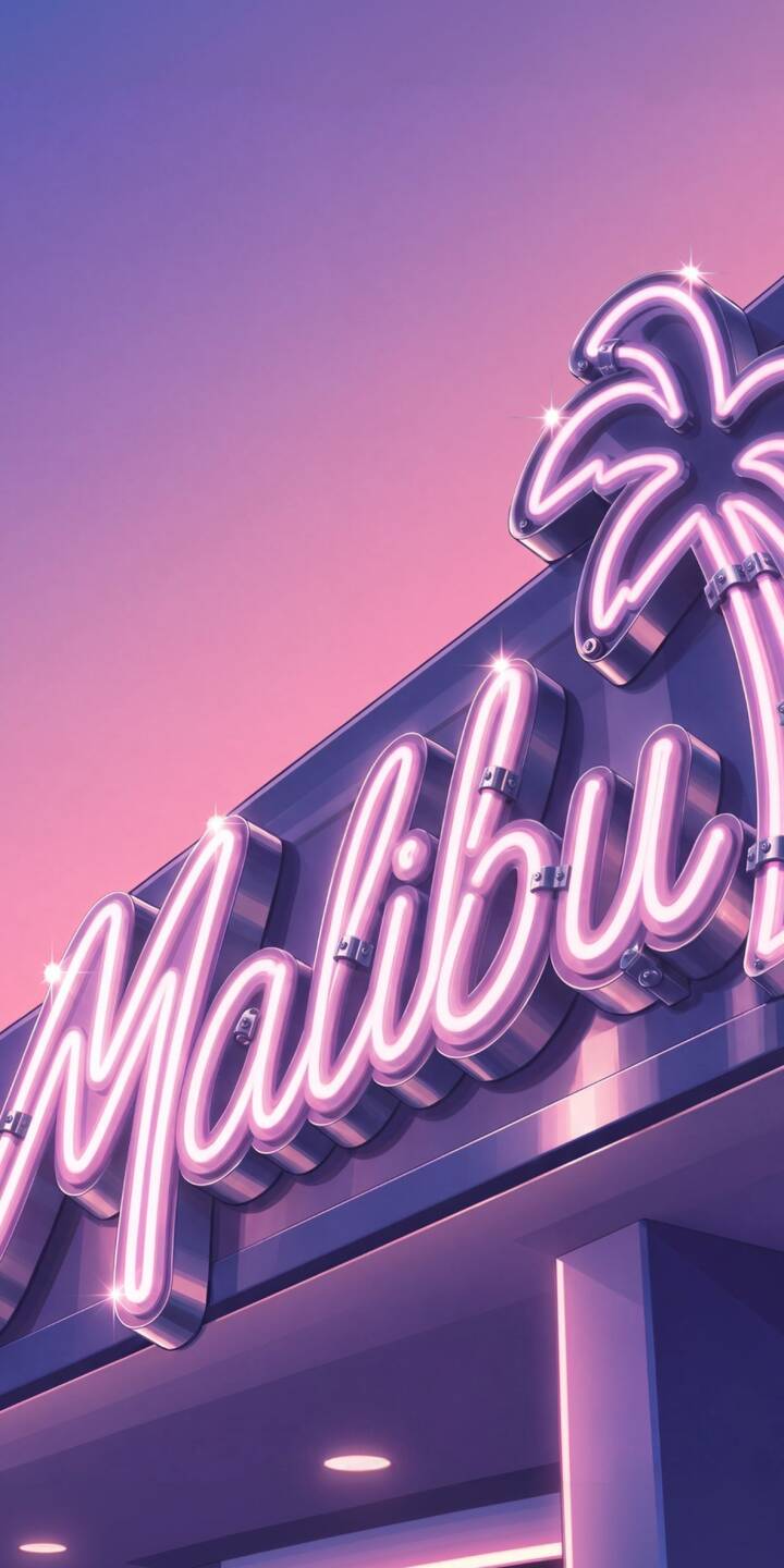 The vibrant pink glow of the 'Malibu' neon sign, complemented by a sleek palm tree, shines against a dreamy purple and pink gradient sky in this captivating 4K wallpaper — an aesthetic retro wallpaper perfect for your iPhone. | pink purple palm tree iphone retro malibu wallpaper mobile 4k wallpaper hd wallpaper vaporwave neon sign The vibrant pink glow of the 'Malibu' neon sign, complemented by a sleek palm tree, shines against a dreamy purple and pink gradient sky in this captivating 4K wallpaper — an aesthetic retro wallpaper perfect for your iPhone.