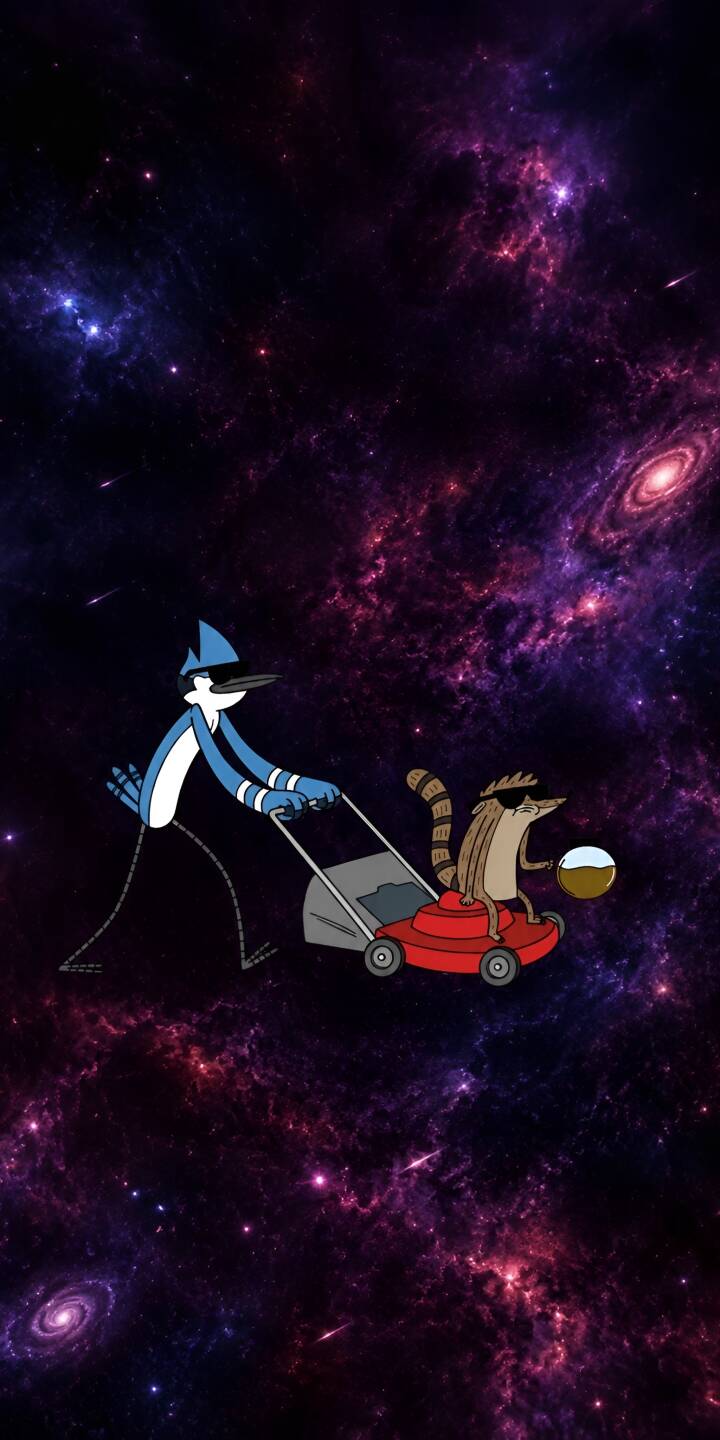 A whimsical journey through the cosmos unfolds as Mordecai pushes Rigby, who is casually sipping from a cup in a red lawnmower, against a breathtaking swirling purple and pink galaxy in this hilarious 4K wallpaper. This captivating Regular Show wallpaper is perfect for your iPhone. | tv show space 4k regular show mordecai and rigby A whimsical journey through the cosmos unfolds as Mordecai pushes Rigby, who is casually sipping from a cup in a red lawnmower, against a breathtaking swirling purple and pink galaxy in this hilarious 4K wallpaper. This captivating Regular Show wallpaper is perfect for your iPhone.