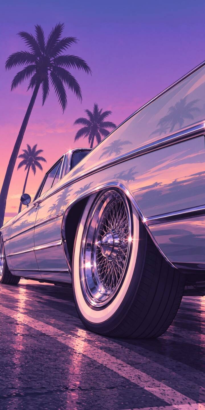 The vibrant purple and pink sunset sky casts a radiant glow over this classic lowrider, its gleaming chrome and wire wheels reflecting the stunning colors on the wet asphalt. Download this 4K wallpaper for iPhone to bring a unique vaporwave aesthetic to your screen, a perfect retro wallpaper. | aesthetic sunset iphone retro wallpaper lowrider mobile palm trees 4k wallpaper hd wallpaper classic car vaporwave The vibrant purple and pink sunset sky casts a radiant glow over this classic lowrider, its gleaming chrome and wire wheels reflecting the stunning colors on the wet asphalt. Download this 4K wallpaper for iPhone to bring a unique vaporwave aesthetic to your screen, a perfect retro wallpaper.