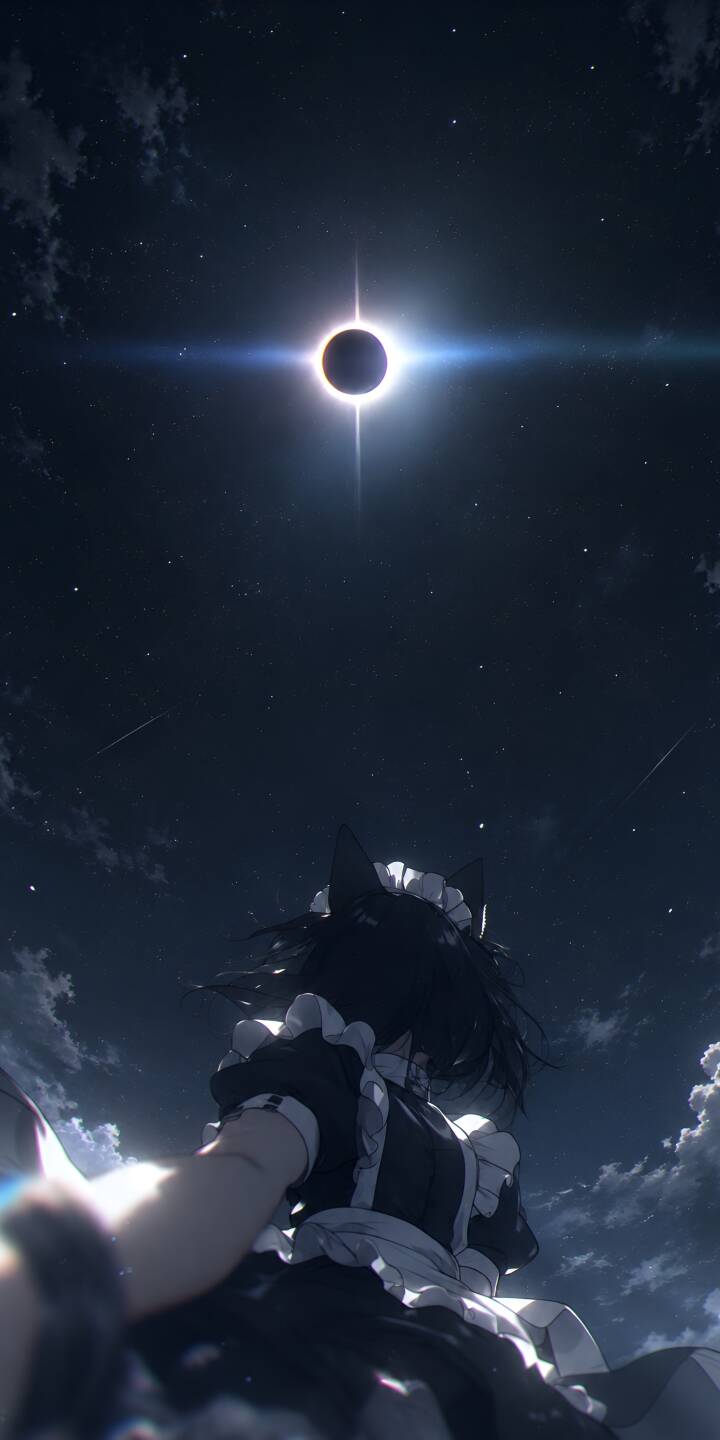 A celestial annular eclipse glows intensely in the dark starry sky above a mysterious anime maid with cat ears, her ruffled outfit dramatically illuminated in this stunning 4K wallpaper, making it a perfect mobile wallpaper for your iPhone. | sky dark 4k glowing sky A celestial annular eclipse glows intensely in the dark starry sky above a mysterious anime maid with cat ears, her ruffled outfit dramatically illuminated in this stunning 4K wallpaper, making it a perfect mobile wallpaper for your iPhone.