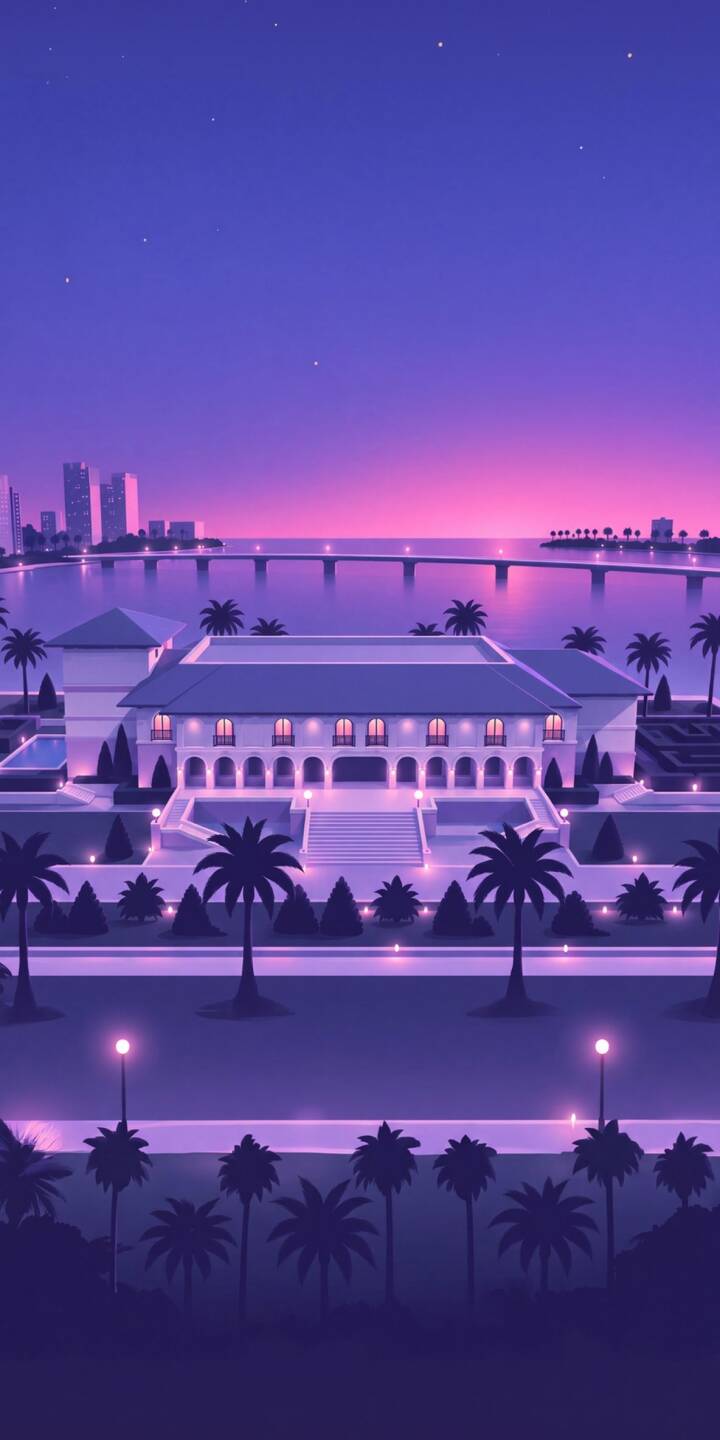 The serene purple and pink twilight sky casts a vibrant glow over a grand oceanfront villa, illuminated by numerous warm lights in this stunning 4K wallpaper. Palm tree silhouettes frame the luxurious scene, making this atmospheric wallpaper perfect for iPhone screens. | sunset iphone synthwave wallpaper mobile palm trees 4k wallpaper hd wallpaper vaporwave night city purple aesthetic mansion The serene purple and pink twilight sky casts a vibrant glow over a grand oceanfront villa, illuminated by numerous warm lights in this stunning 4K wallpaper. Palm tree silhouettes frame the luxurious scene, making this atmospheric wallpaper perfect for iPhone screens.