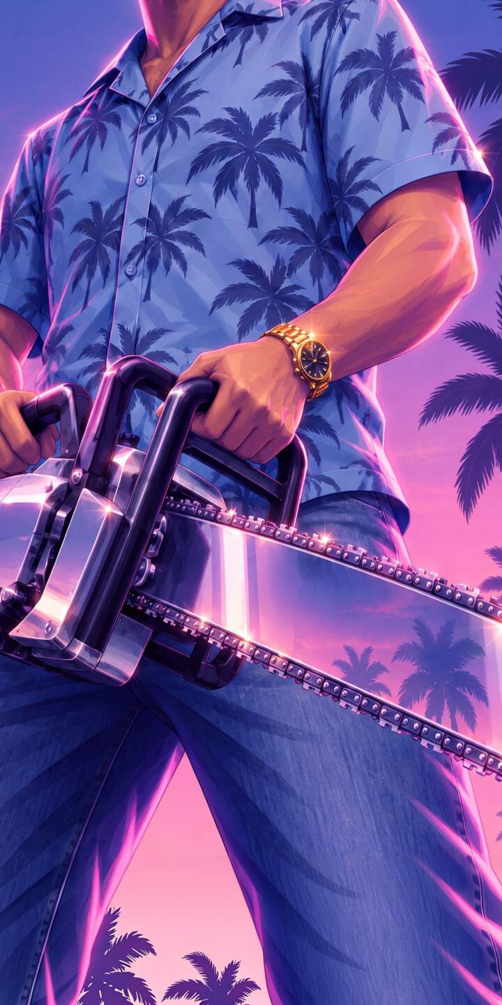 The chrome blade of a gleaming chainsaw reflects a stunning neon pink and purple sunset, held firmly by a man in a vibrant palm-tree print shirt and a gold watch; this dynamic 4K wallpaper offers an unmistakable retro Miami Vice vibe for your iPhone. It's the perfect wallpaper for fans of high-octane, stylish visuals. | purple neon iphone retro synthwave wallpaper mobile palm trees 4k wallpaper hd wallpaper chainsaw miami vice The chrome blade of a gleaming chainsaw reflects a stunning neon pink and purple sunset, held firmly by a man in a vibrant palm-tree print shirt and a gold watch; this dynamic 4K wallpaper offers an unmistakable retro Miami Vice vibe for your iPhone. It's the perfect wallpaper for fans of high-octane, stylish visuals.