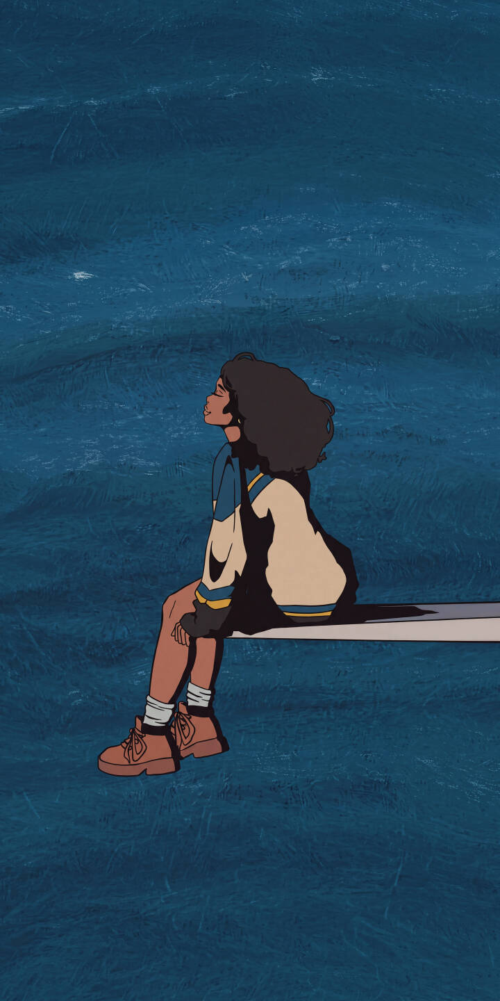 Her eyes gently closed, a tranquil girl with curly hair sits on a ledge overlooking deep blue waters in this serene 4K wallpaper. This evocative wallpaper, featuring her unique cream and blue jacket, is perfect for your iPhone screen. | aesthetic girl iphone ocean wallpaper anime girl mobile 4k wallpaper hd wallpaper curly hair pensive Her eyes gently closed, a tranquil girl with curly hair sits on a ledge overlooking deep blue waters in this serene 4K wallpaper. This evocative wallpaper, featuring her unique cream and blue jacket, is perfect for your iPhone screen.
