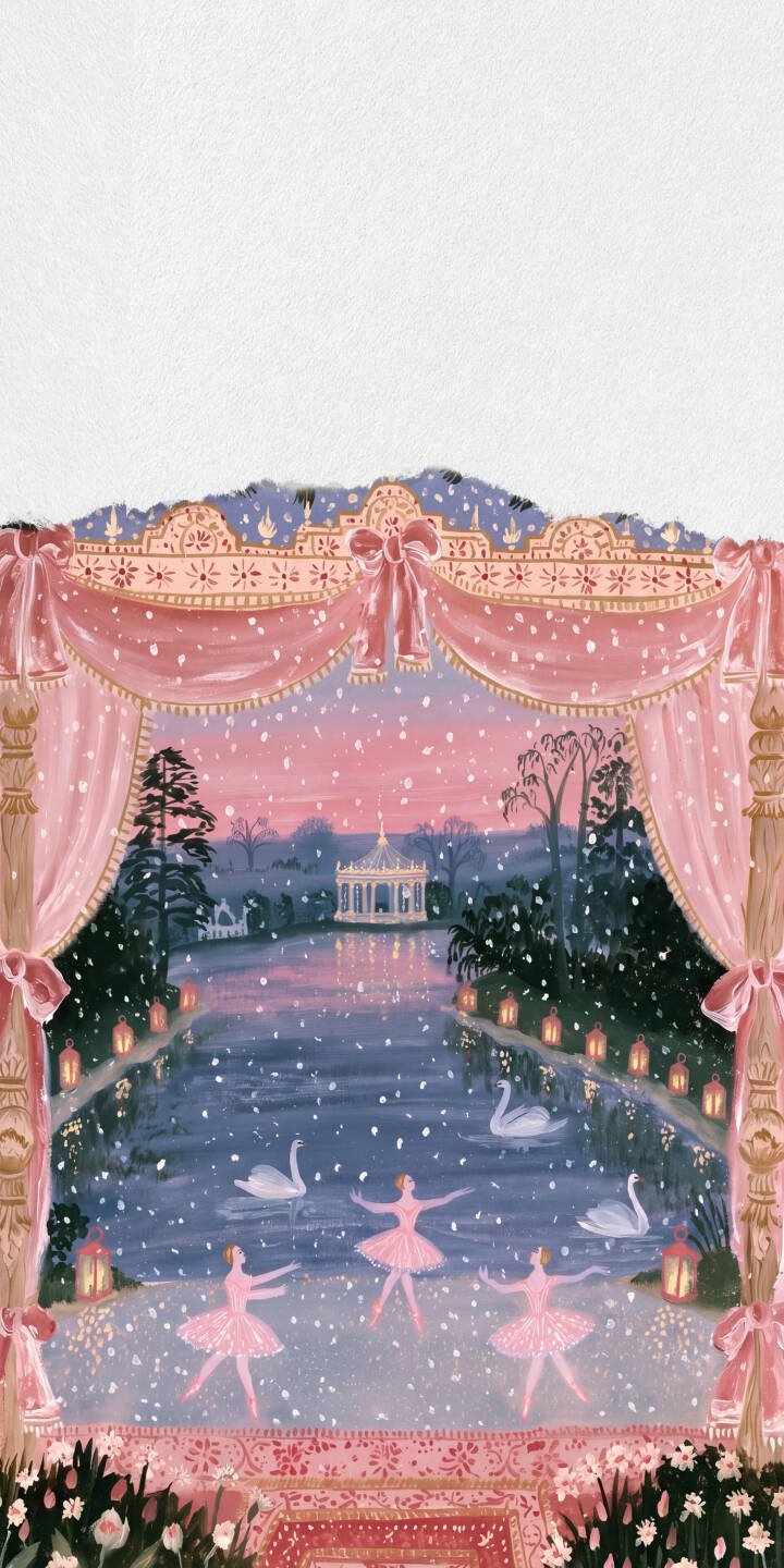 Ornate pink curtains perfectly frame a magical scene where three graceful ballerinas dance on a shimmering, snow-dusted lake, beneath a soft pink sky, creating an enchanting 4K wallpaper for iPhone. | ballerina iphone wallpaper mobile pink aesthetic whimsical 4k wallpaper hd wallpaper winter scene enchanting swans ballet Ornate pink curtains perfectly frame a magical scene where three graceful ballerinas dance on a shimmering, snow-dusted lake, beneath a soft pink sky, creating an enchanting 4K wallpaper for iPhone.