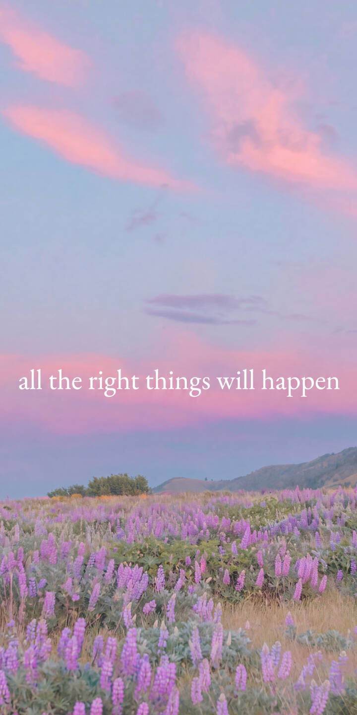 Delicate pink clouds stretch across a serene pastel sky above a vibrant field of purple lupine flowers in this inspiring 4K wallpaper. The uplifting text 'all the right things will happen' makes this the perfect motivational wallpaper for your iPhone. | aesthetic flowers quote iphone nature wallpaper pastel mobile 4k wallpaper hd wallpaper serene lupine Delicate pink clouds stretch across a serene pastel sky above a vibrant field of purple lupine flowers in this inspiring 4K wallpaper. The uplifting text 'all the right things will happen' makes this the perfect motivational wallpaper for your iPhone.