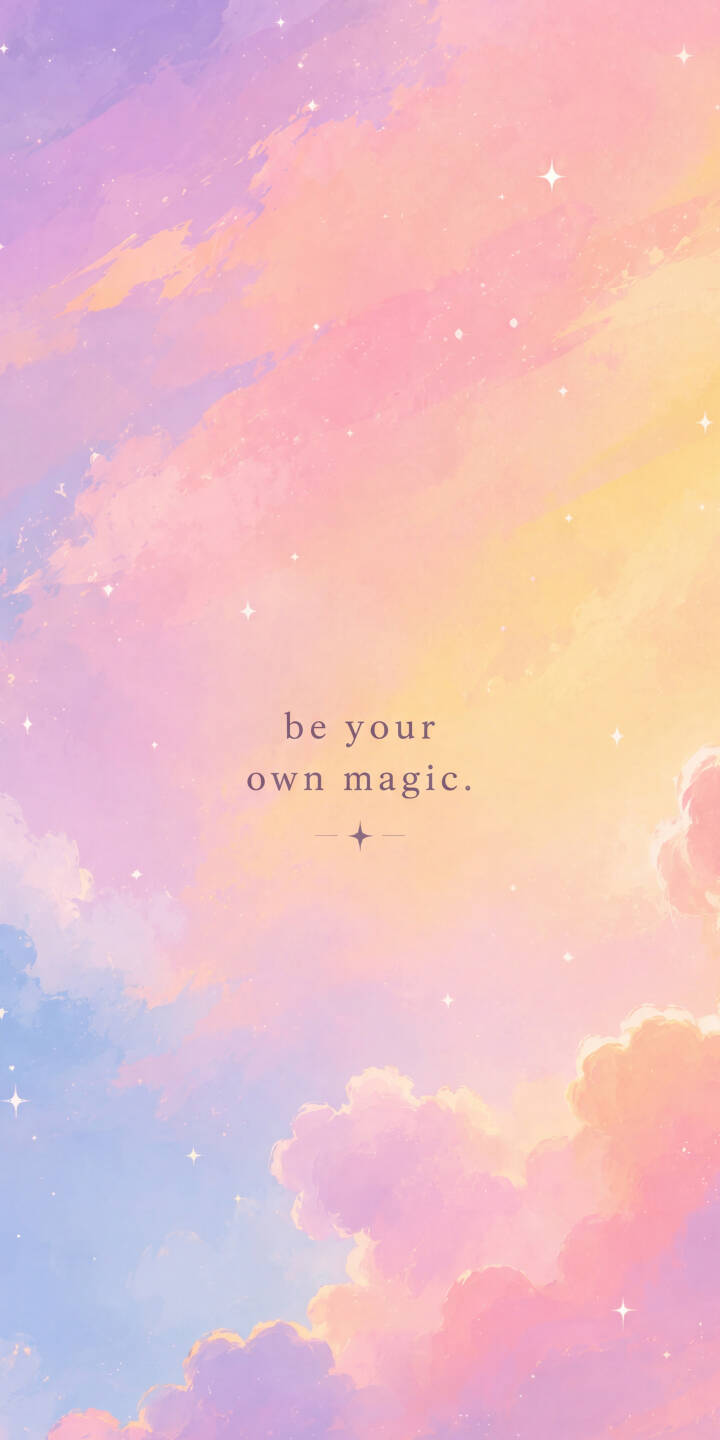 Soft pastel clouds swirl with enchanting pink, purple, and golden hues, adorned with shimmering sparkles, making this a magical 4K wallpaper. Featuring the uplifting quote 'be your own magic.', it's a perfect dreamy wallpaper for your iPhone screen. | aesthetic quote magic iphone clouds wallpaper pastel mobile 4k wallpaper hd wallpaper dreamy inspirational Soft pastel clouds swirl with enchanting pink, purple, and golden hues, adorned with shimmering sparkles, making this a magical 4K wallpaper. Featuring the uplifting quote 'be your own magic.', it's a perfect dreamy wallpaper for your iPhone screen.
