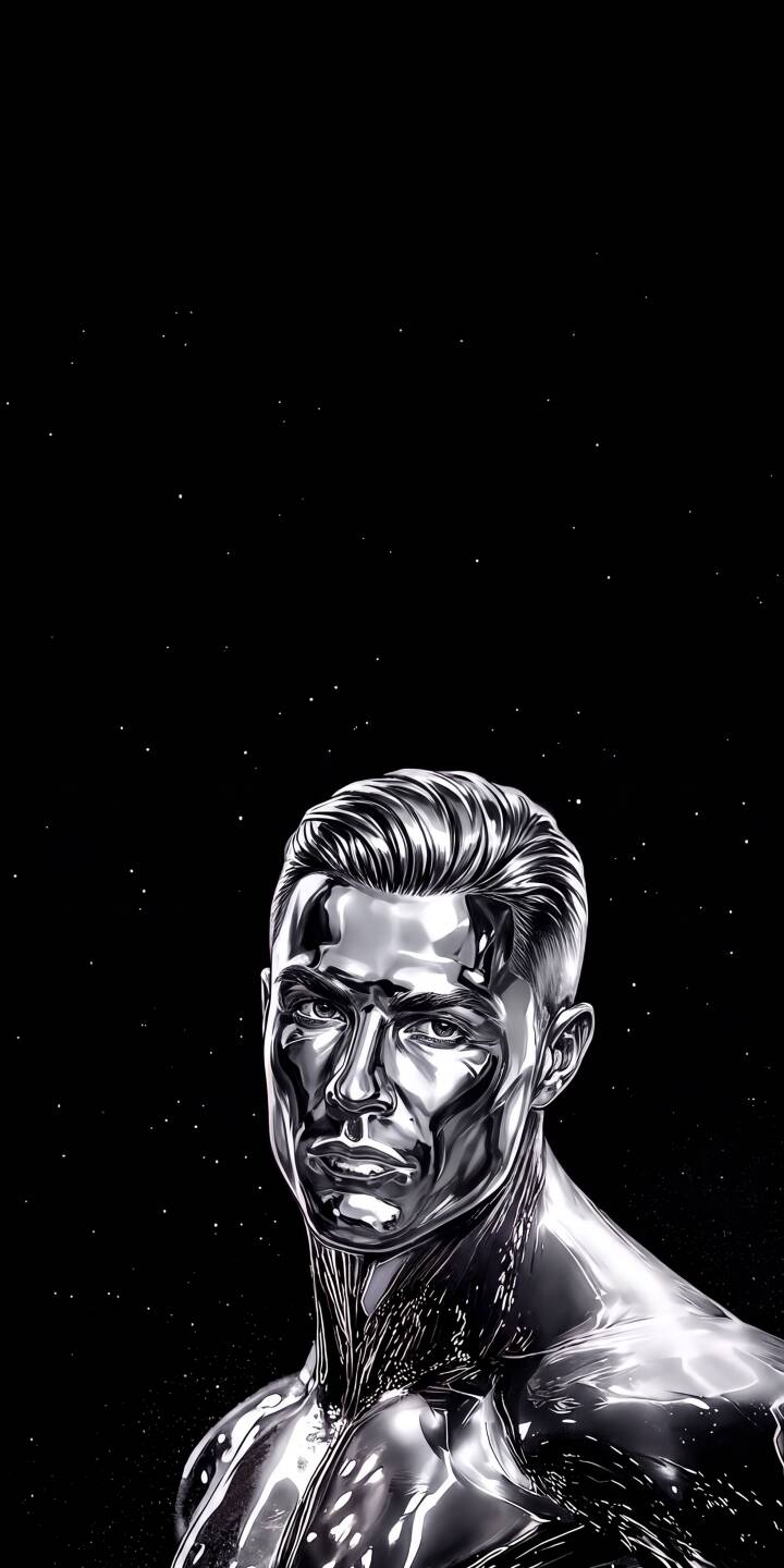 Cristiano Ronaldo's chiseled features gleam with a futuristic chrome finish, set against a dark, subtly starlit background in this stunning 4K wallpaper — a truly unique metallic portrait that makes an exceptional wallpaper for iPhone users. | chrome iphone ronaldo wallpaper cr7 futuristic cristiano ronaldo mobile digital art metallic 4k wallpaper hd wallpaper Cristiano Ronaldo's chiseled features gleam with a futuristic chrome finish, set against a dark, subtly starlit background in this stunning 4K wallpaper — a truly unique metallic portrait that makes an exceptional wallpaper for iPhone users.