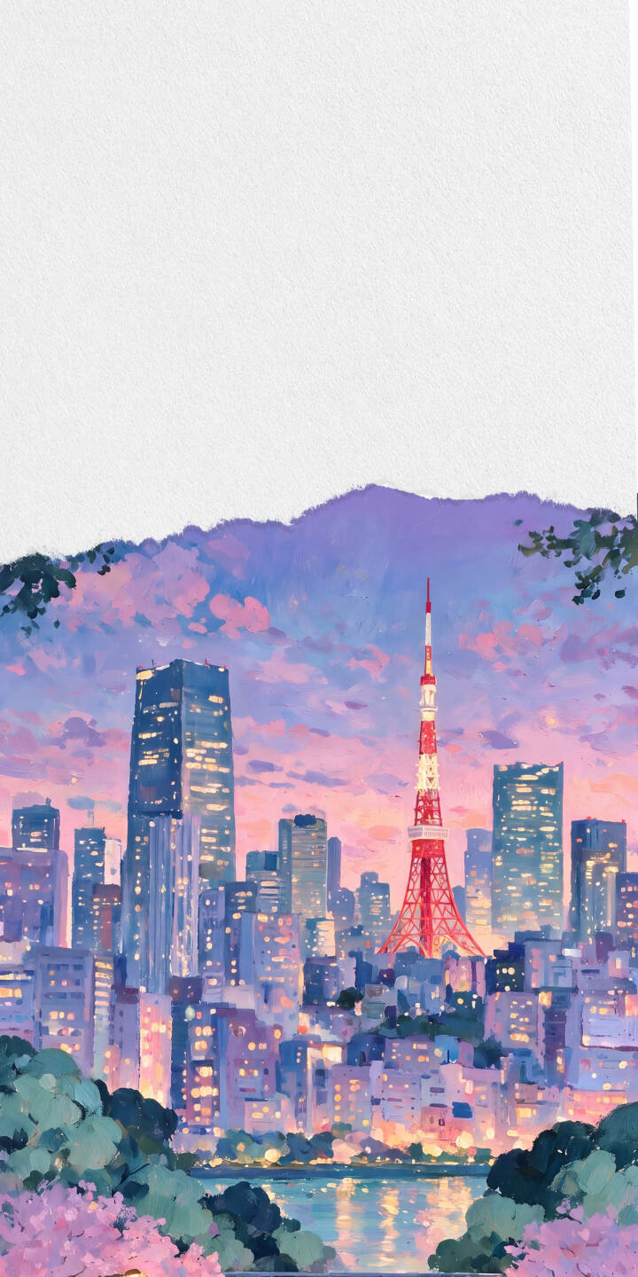 Vivid pink and purple clouds paint the sunset sky above a glittering Tokyo metropolis in this striking 4K cityscape wallpaper, an ideal aesthetic background for your iPhone. This beautiful wallpaper captures the iconic Tokyo Tower illuminated amidst modern buildings, with city lights dancing on the water and delicate cherry blossoms framing the foreground. | aesthetic sunset iphone japan tokyo wallpaper mobile 4k wallpaper hd wallpaper cherry blossoms cityscape tokyo tower Vivid pink and purple clouds paint the sunset sky above a glittering Tokyo metropolis in this striking 4K cityscape wallpaper, an ideal aesthetic background for your iPhone. This beautiful wallpaper captures the iconic Tokyo Tower illuminated amidst modern buildings, with city lights dancing on the water and delicate cherry blossoms framing the foreground.