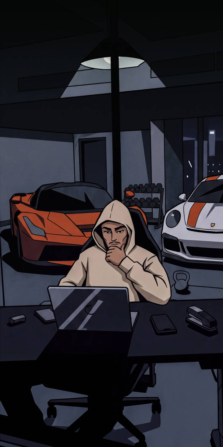 A focused individual in a beige hoodie is deeply engrossed in his laptop, amidst a dimly lit luxury garage showcasing an orange sports car in this inspiring 4K wallpaper. This dynamic wallpaper captures the entrepreneurial spirit perfectly for your iPhone screen. | dark anime motivation iphone luxury wallpaper cars mobile 4k wallpaper hd wallpaper hustle entrepreneur A focused individual in a beige hoodie is deeply engrossed in his laptop, amidst a dimly lit luxury garage showcasing an orange sports car in this inspiring 4K wallpaper. This dynamic wallpaper captures the entrepreneurial spirit perfectly for your iPhone screen.