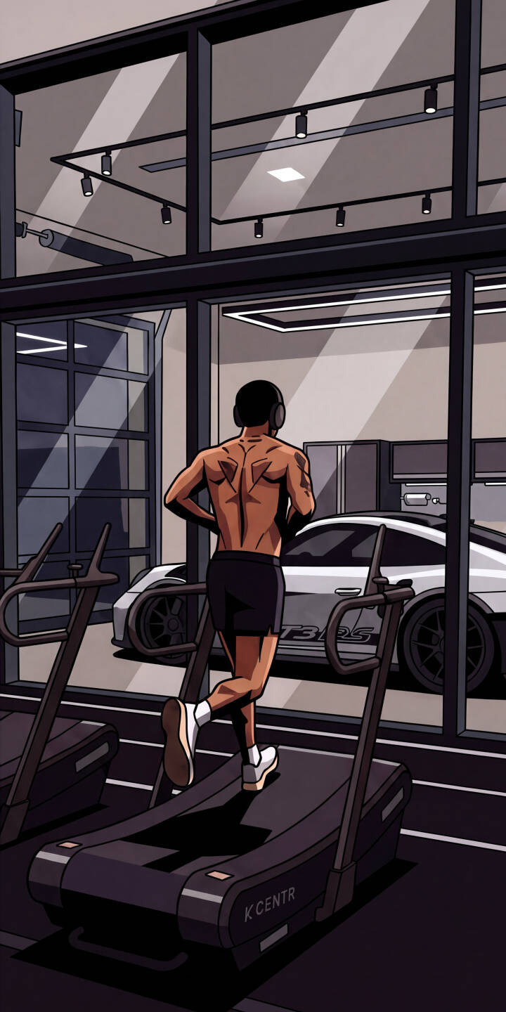 The shirtless runner's sculpted back is highlighted as he pushes himself on a treadmill, with a sleek white Porsche GT3RS visible through the expansive gym windows in this motivational 4K wallpaper. This dynamic wallpaper, capturing the essence of discipline and luxury, is a perfect fit for your iPhone. | illustration gym motivation iphone porsche luxury wallpaper mobile 4k wallpaper hd wallpaper workout runner The shirtless runner's sculpted back is highlighted as he pushes himself on a treadmill, with a sleek white Porsche GT3RS visible through the expansive gym windows in this motivational 4K wallpaper. This dynamic wallpaper, capturing the essence of discipline and luxury, is a perfect fit for your iPhone.