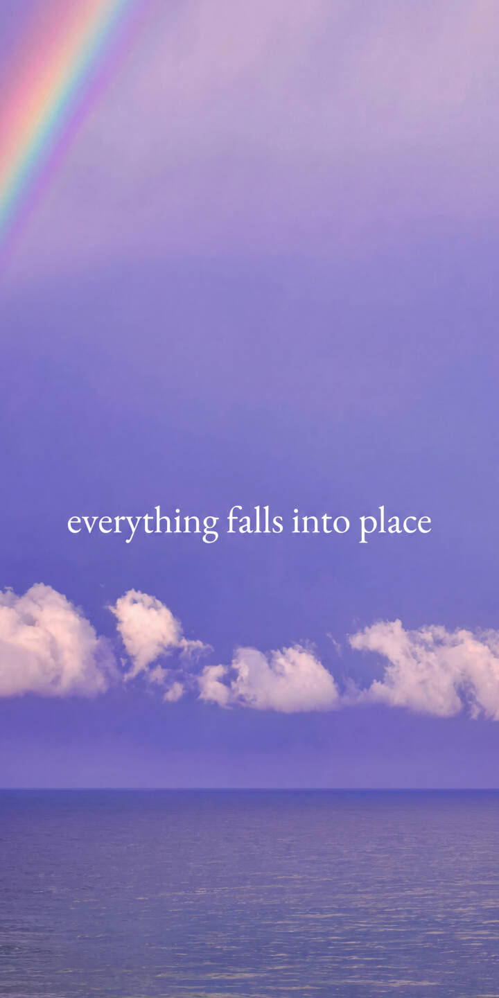 A vibrant rainbow arcs across a soothing purple sky, enhancing the serene scene with the comforting white text "everything falls into place" and calm sea below in this inspiring 4K wallpaper. This tranquil wallpaper for iPhone perfectly captures a moment of peace and optimism. | aesthetic rainbow iphone ocean clouds wallpaper mobile 4k wallpaper hd wallpaper purple sky serene inspirational quote A vibrant rainbow arcs across a soothing purple sky, enhancing the serene scene with the comforting white text "everything falls into place" and calm sea below in this inspiring 4K wallpaper. This tranquil wallpaper for iPhone perfectly captures a moment of peace and optimism.