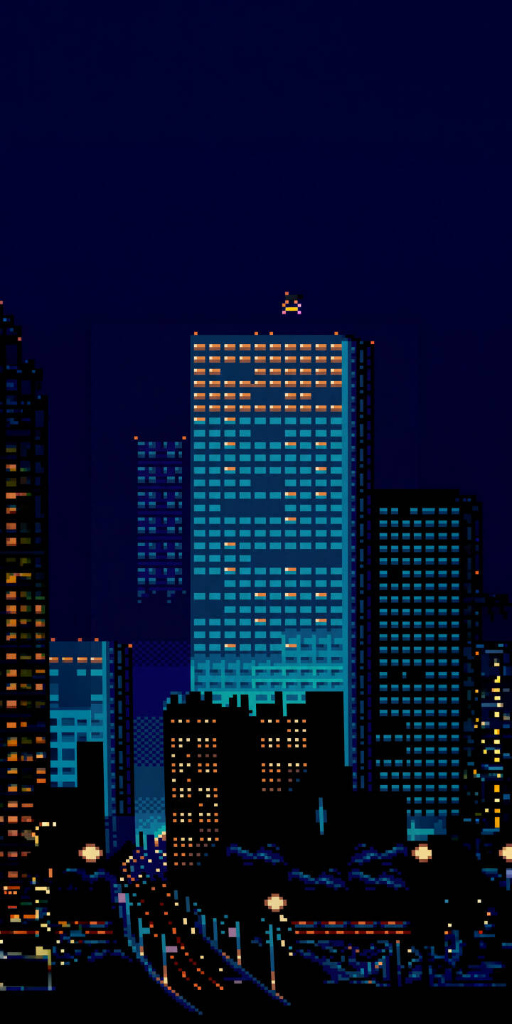 Glowing blue and warm orange windows brilliantly illuminate a towering pixelated cityscape at night, with a tiny lone figure perched atop the tallest building. This captivating 4K pixel art wallpaper offers a nostalgic aesthetic, perfect as an iPhone wallpaper. | urban neon iphone retro wallpaper city night mobile pixel art digital art 4k wallpaper hd wallpaper skyscrapers Glowing blue and warm orange windows brilliantly illuminate a towering pixelated cityscape at night, with a tiny lone figure perched atop the tallest building. This captivating 4K pixel art wallpaper offers a nostalgic aesthetic, perfect as an iPhone wallpaper.