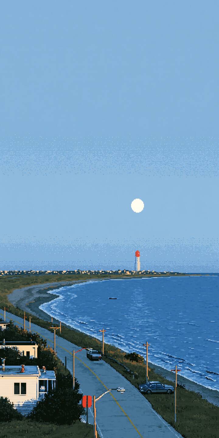 Vertical pixel art wallpaper. A long coastal road runs alongside the curved coastline. Houses and parked cars line the roadside, waves gently lap the shore. A lighthouse stands far away on the headland, a bright full moon hanging high in the pale blue sky. | aesthetic lighthouse coastal road pixelart seaside town Vertical pixel art wallpaper. A long coastal road runs alongside the curved coastline. Houses and parked cars line the roadside, waves gently lap the shore. A lighthouse stands far away on the headland, a bright full moon hanging high in the pale blue sky.