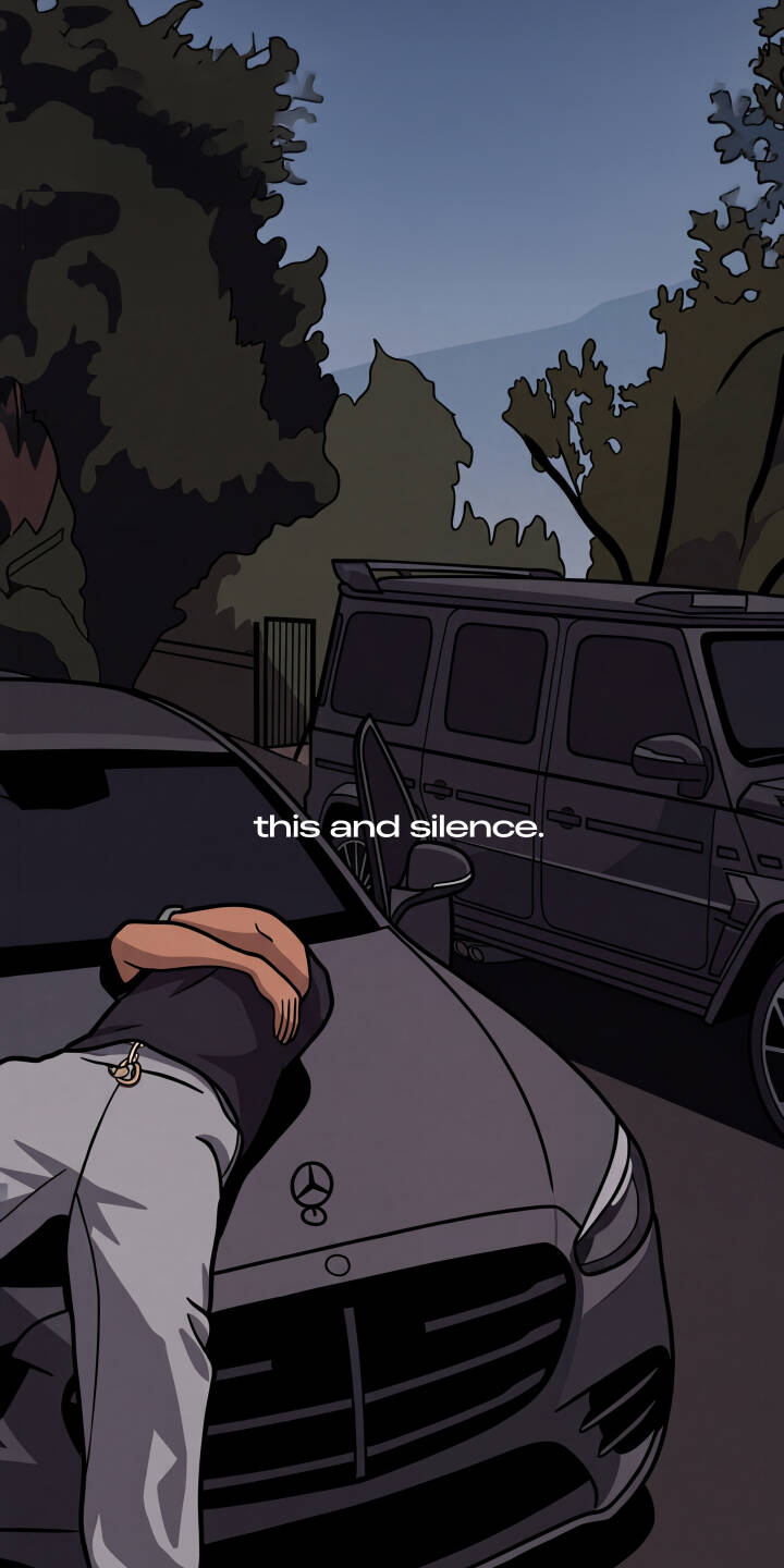 A figure lies contemplatively on the dark hood of a sleek Mercedes Benz in this striking 4K wallpaper, featuring the subtle text 'this and silence.' and a luxury G-Wagon in the muted background. This moody aesthetic wallpaper is an ideal choice for your iPhone, bringing a sense of calm to your device. | aesthetic illustration car urban iphone mercedes wallpaper mobile solitude 4k wallpaper hd wallpaper melancholy A figure lies contemplatively on the dark hood of a sleek Mercedes Benz in this striking 4K wallpaper, featuring the subtle text 'this and silence.' and a luxury G-Wagon in the muted background. This moody aesthetic wallpaper is an ideal choice for your iPhone, bringing a sense of calm to your device.