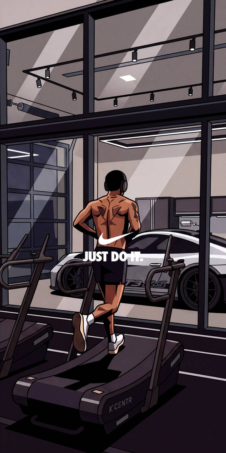 The iconic "JUST DO IT." slogan with the Nike swoosh inspires a shirtless runner on a treadmill, creating a powerful motivational scene. This dynamic 4K wallpaper, featuring a sleek white Porsche in a modern gym, is the ultimate iPhone wallpaper for dedicated fitness enthusiasts. | gym motivation nike iphone porsche wallpaper mobile fitness 4k wallpaper hd wallpaper runner treadmill The iconic "JUST DO IT." slogan with the Nike swoosh inspires a shirtless runner on a treadmill, creating a powerful motivational scene. This dynamic 4K wallpaper, featuring a sleek white Porsche in a modern gym, is the ultimate iPhone wallpaper for dedicated fitness enthusiasts.