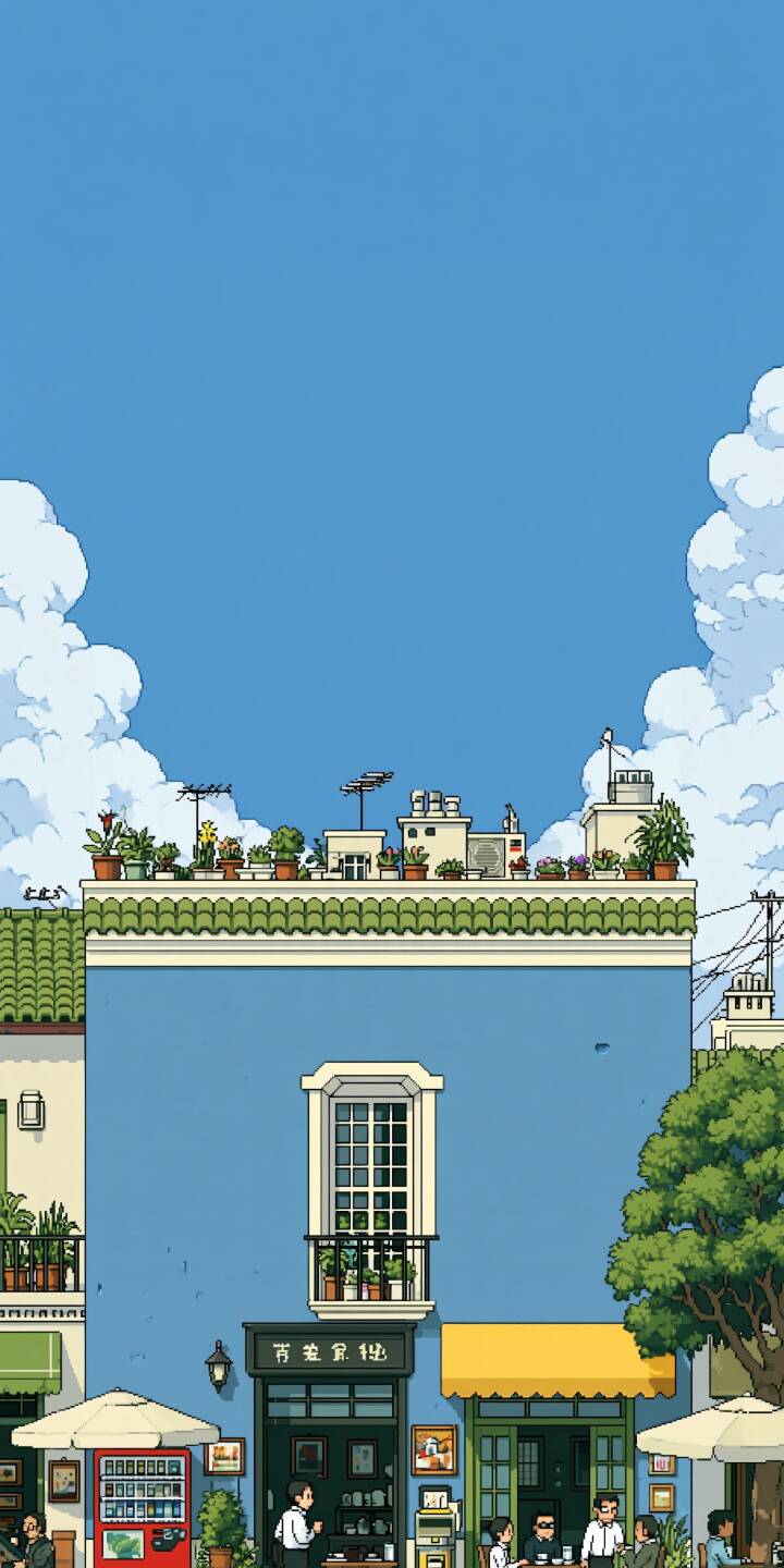 A striking two-story blue building with rooftop full of potted plants. Street-side café with outdoor tables, people chatting and drinking coffee. Red beverage vending machine sits beside the entrance, huge fluffy white clouds spread on both sides under bright blue sky. | pixel art anime style blue building street café summer cumulus clouds A striking two-story blue building with rooftop full of potted plants. Street-side café with outdoor tables, people chatting and drinking coffee. Red beverage vending machine sits beside the entrance, huge fluffy white clouds spread on both sides under bright blue sky.