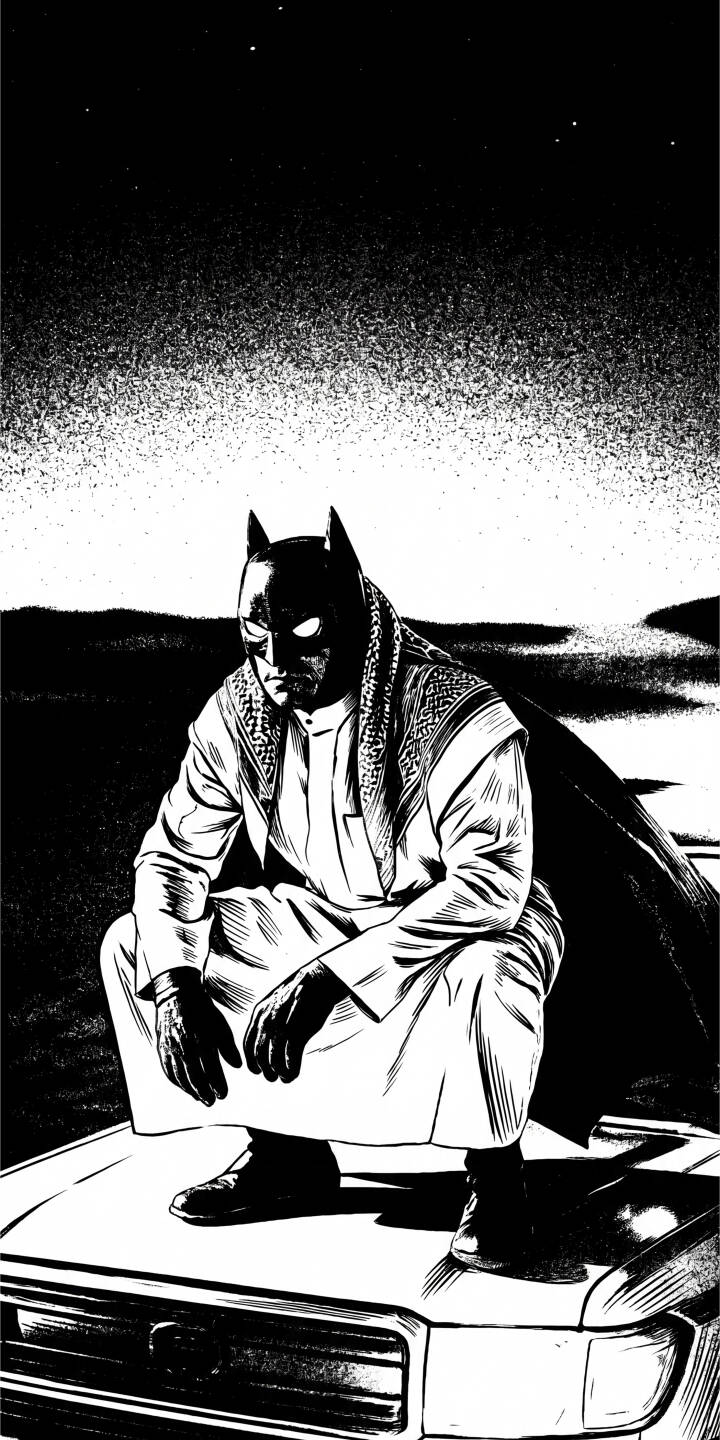 Draped in a traditional keffiyeh and dishdasha, Batman squats pensively atop a car, embodying a mysterious desert knight in this striking black and white 4K wallpaper. This powerful monochromatic scene, with its sparse, starry backdrop, creates an evocative visual for any iPhone wallpaper enthusiast. | batman iphone wallpaper dark knight mobile comic art keffiyeh 4k wallpaper hd wallpaper monochrome dc comics arabic Draped in a traditional keffiyeh and dishdasha, Batman squats pensively atop a car, embodying a mysterious desert knight in this striking black and white 4K wallpaper. This powerful monochromatic scene, with its sparse, starry backdrop, creates an evocative visual for any iPhone wallpaper enthusiast.