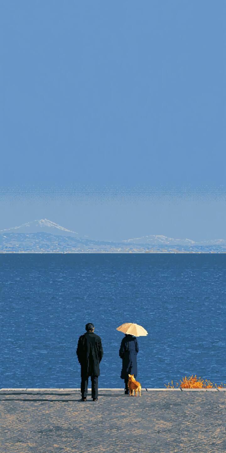 A man and a woman with a yellow dog stand on the waterfront pavement. The woman holds a pale parasol. Vast blue sea stretches out, snow-capped mountains are visible on the horizon beneath a huge cloudless blue sky. | couple dog sea minimalist pixel art A man and a woman with a yellow dog stand on the waterfront pavement. The woman holds a pale parasol. Vast blue sea stretches out, snow-capped mountains are visible on the horizon beneath a huge cloudless blue sky.