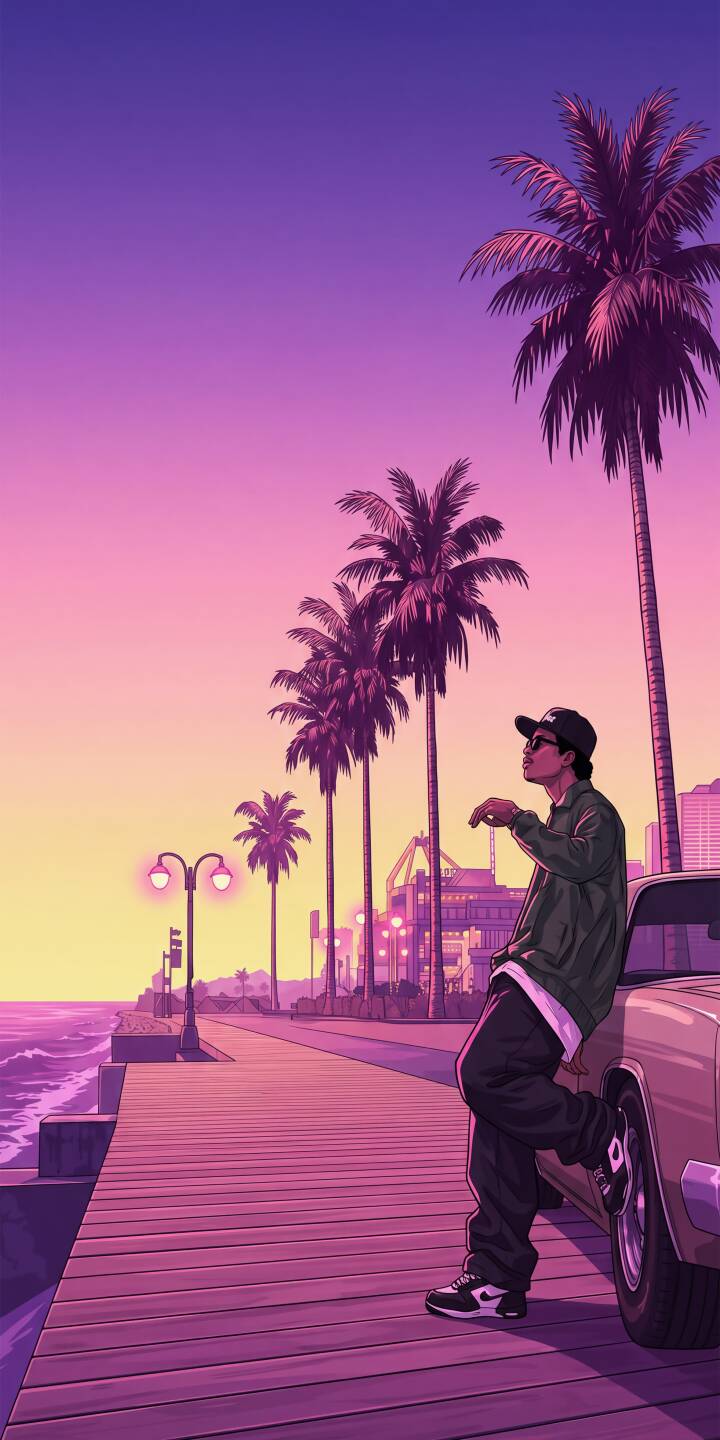 A striking purple and orange synthwave sky frames a calm ocean pier where a cool retro figure leans on a classic car in this vibrant 4K wallpaper. This stunning wallpaper for iPhone perfectly captures a nostalgic, late-80s early-90s hip-hop vibe. | illustration sunset iphone retro synthwave wallpaper hip hop mobile 4k wallpaper hd wallpaper vaporwave ryder eazy-e A striking purple and orange synthwave sky frames a calm ocean pier where a cool retro figure leans on a classic car in this vibrant 4K wallpaper. This stunning wallpaper for iPhone perfectly captures a nostalgic, late-80s early-90s hip-hop vibe.