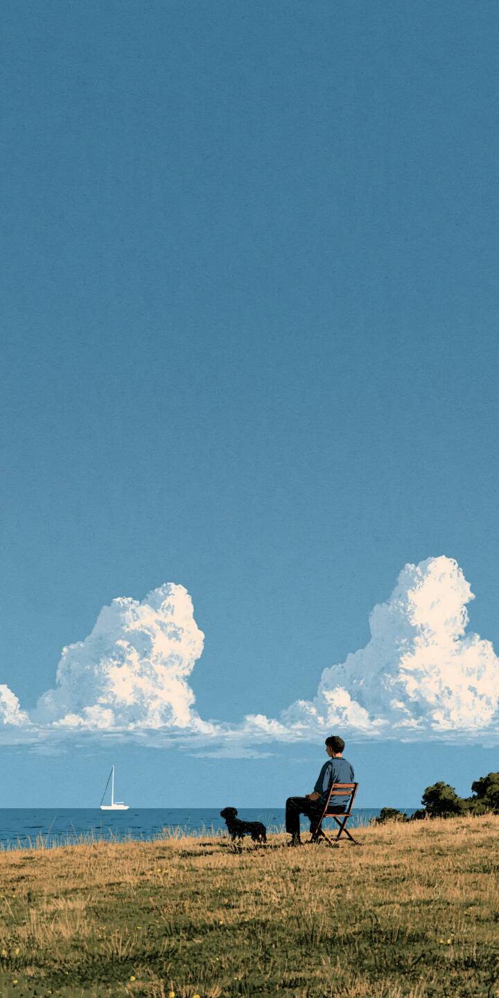 A peaceful seaside scene of a person sitting quietly with a dog, watching a lone sailboat beneath towering summer clouds. | aesthetic dog calm solitude seaside A peaceful seaside scene of a person sitting quietly with a dog, watching a lone sailboat beneath towering summer clouds.