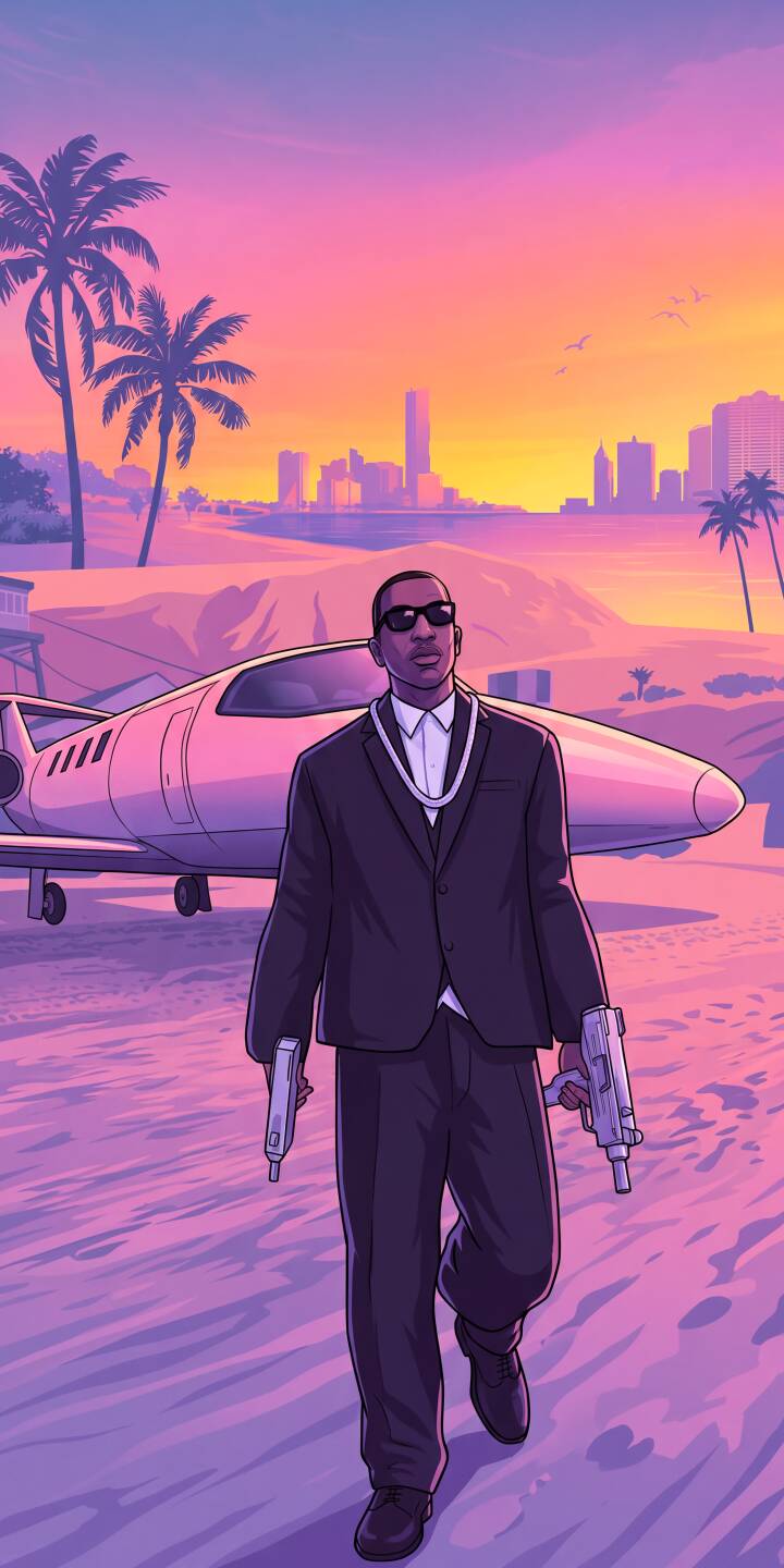 Vibrant pink and orange hues paint the cinematic sunset sky as a stylish figure in a sharp suit and sunglasses, armed with dual pistols, strides confidently in this compelling 4K wallpaper for iPhone. This iconic Grand Theft Auto-inspired scene makes a dynamic and aesthetic wallpaper. | art sunset gangster iphone retro character stylish wallpaper mobile 4k wallpaper hd wallpaper gta style Vibrant pink and orange hues paint the cinematic sunset sky as a stylish figure in a sharp suit and sunglasses, armed with dual pistols, strides confidently in this compelling 4K wallpaper for iPhone. This iconic Grand Theft Auto-inspired scene makes a dynamic and aesthetic wallpaper.