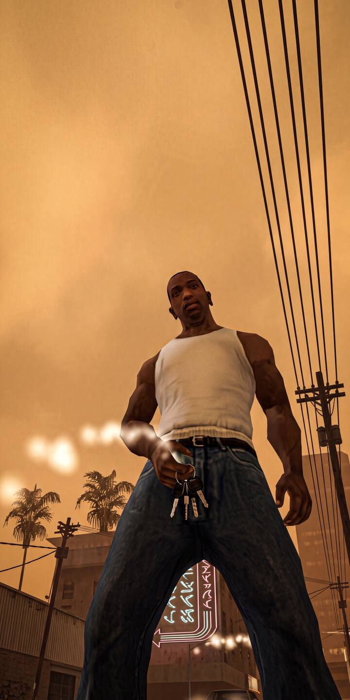 Against a hazy, orange-tinged sky, Carl 'CJ' Johnson from Grand Theft Auto: San Andreas stands tall, holding a set of keys in this iconic low-angle 4K wallpaper. It's a must-have wallpaper for iPhone, perfect for fans of the classic game's aesthetic. | urban iphone san andreas gaming wallpaper mobile grand theft auto carl johnson 4k wallpaper hd wallpaper iconic cj Against a hazy, orange-tinged sky, Carl 'CJ' Johnson from Grand Theft Auto: San Andreas stands tall, holding a set of keys in this iconic low-angle 4K wallpaper. It's a must-have wallpaper for iPhone, perfect for fans of the classic game's aesthetic.