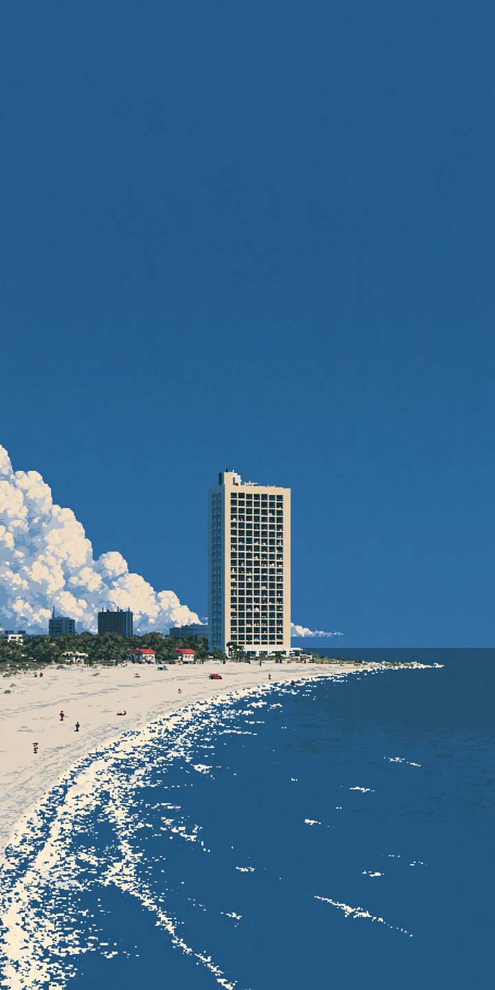 A tall beige hotel building stands on the white sandy beach. Gentle surf laps the shore, huge white cumulus clouds pile up on the left under a deep saturated blue sky. Tiny people stroll along the coast. | beach pixel art minimalist aesthetic retro illustration summer seaside A tall beige hotel building stands on the white sandy beach. Gentle surf laps the shore, huge white cumulus clouds pile up on the left under a deep saturated blue sky. Tiny people stroll along the coast.