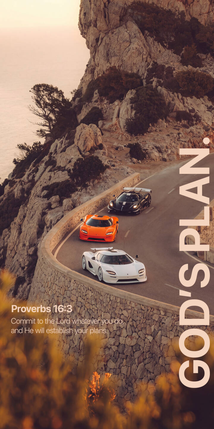 Three vibrant Koenigsegg Jesko hypercars, in white, orange, and black, gracefully navigate a stunning winding coastal mountain road in this inspiring 4K wallpaper. This captivating automotive wallpaper for iPhone prominently features "GOD'S PLAN." text, alongside a thoughtful quote from Proverbs 16:3, making it a unique and motivational choice. | iphone supercar wallpaper koenigsegg mobile jesko god's plan 4k wallpaper hd wallpaper automotive inspirational coastal road Three vibrant Koenigsegg Jesko hypercars, in white, orange, and black, gracefully navigate a stunning winding coastal mountain road in this inspiring 4K wallpaper. This captivating automotive wallpaper for iPhone prominently features "GOD'S PLAN." text, alongside a thoughtful quote from Proverbs 16:3, making it a unique and motivational choice.