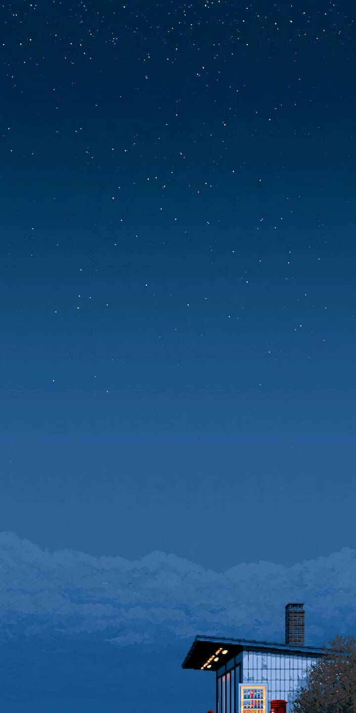 Vertical pixel art wallpaper. Countless stars dot the deep dark blue night sky. A quiet seaside station stands beside a long coastal road, equipped with a glowing vending machine and red post box. Distant city lights shimmer on the horizon. | pixel art vending machine starry sky deep blue seaside road Vertical pixel art wallpaper. Countless stars dot the deep dark blue night sky. A quiet seaside station stands beside a long coastal road, equipped with a glowing vending machine and red post box. Distant city lights shimmer on the horizon.