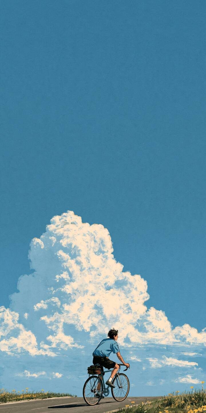 A boy rides a bicycle on a country road, huge fluffy white clouds hanging in the clear blue sky, full of free and fresh summer vibes. | cloud bicycle summer minimal peaceful A boy rides a bicycle on a country road, huge fluffy white clouds hanging in the clear blue sky, full of free and fresh summer vibes.