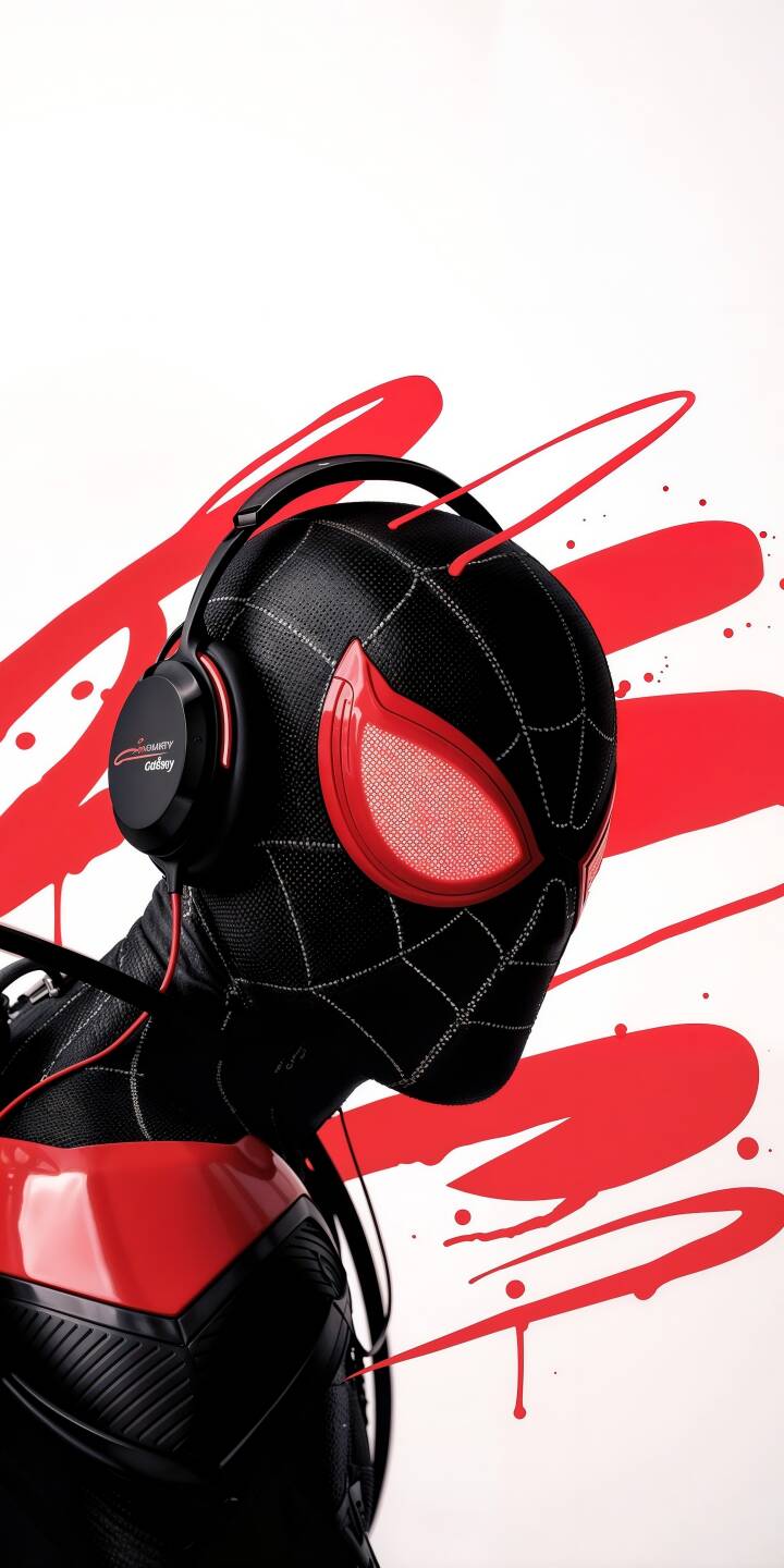 Sleek red headphones adorn Miles Morales, his iconic red spider-eye lenses standing out against his textured black suit in this dynamic 4K wallpaper for iPhone. The striking contrast and vibrant red splatter effect make this an unforgettable wallpaper for fans. | spiderman wallpaper 4k aesthetic Sleek red headphones adorn Miles Morales, his iconic red spider-eye lenses standing out against his textured black suit in this dynamic 4K wallpaper for iPhone. The striking contrast and vibrant red splatter effect make this an unforgettable wallpaper for fans.