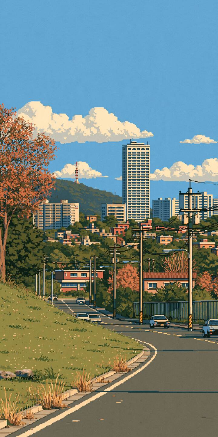 Pixel art of a winding hillside road leading to the city. White cumulus clouds float in the bright blue sky, autumn trees and buildings scattered on the hillside. | city cloud road autumn pixelart Pixel art of a winding hillside road leading to the city. White cumulus clouds float in the bright blue sky, autumn trees and buildings scattered on the hillside.