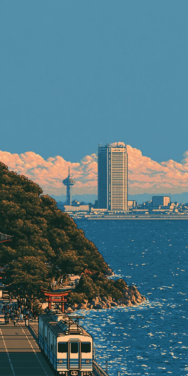 Pixel art artwork of a coastal train station. A train stops on the track beside the sparkling sea, with torii gate, green hills and high-rise buildings under the blue sky with fluffy warm clouds. | city train ocean seaside pixelart Pixel art artwork of a coastal train station. A train stops on the track beside the sparkling sea, with torii gate, green hills and high-rise buildings under the blue sky with fluffy warm clouds.