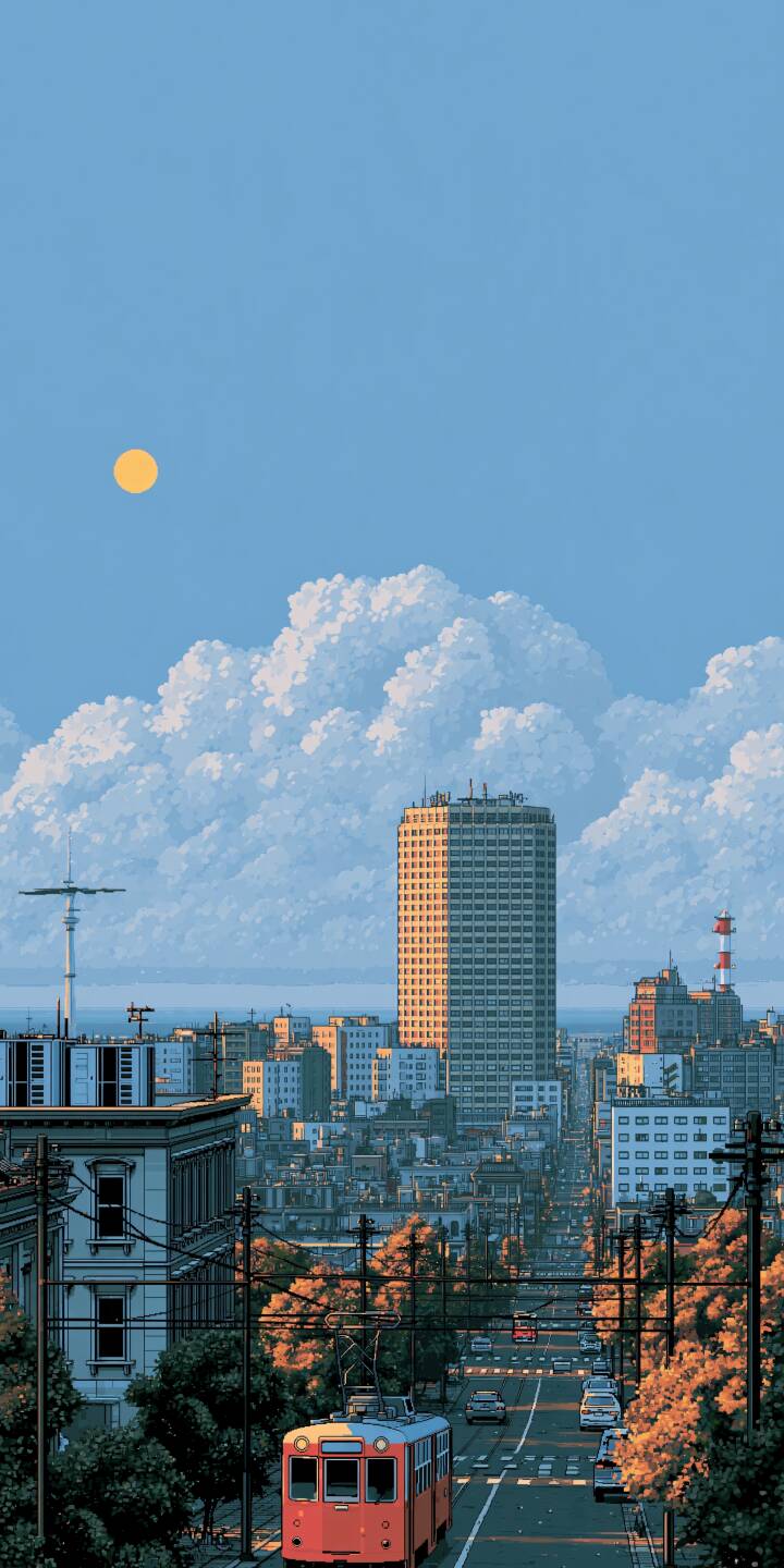 Vertical pixel art wallpaper. A red tram runs along the urban street. Tall buildings spread across the city, huge fluffy cumulus clouds pile up in the blue sky, and a warm round sun hangs in the upper sky. | city urban street pixelart tram cumulus cloud Vertical pixel art wallpaper. A red tram runs along the urban street. Tall buildings spread across the city, huge fluffy cumulus clouds pile up in the blue sky, and a warm round sun hangs in the upper sky.