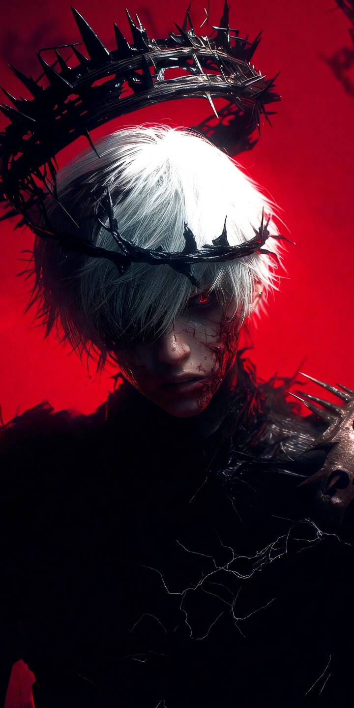 Against a stark red backdrop, Ken Kaneki stares intensely with glowing red eyes and a blood-stained face, adorned with a haunting thorn crown in this chilling 4K wallpaper — an essential wallpaper for iPhone users who appreciate dark and aesthetic themes. | anime manga darkaesthetic 4kwallpaper animeart Against a stark red backdrop, Ken Kaneki stares intensely with glowing red eyes and a blood-stained face, adorned with a haunting thorn crown in this chilling 4K wallpaper — an essential wallpaper for iPhone users who appreciate dark and aesthetic themes.
