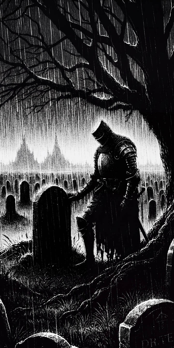 Heavy rain streaks down in stark black and white, highlighting a solitary armored knight solemnly leaning against a tombstone in a desolate gothic graveyard. This melancholic 4K wallpaper offers a powerful aesthetic for any iPhone screen. | rain gothic knight medieval iphone wallpaper mobile 4k wallpaper hd wallpaper monochrome graveyard dark fantasy Heavy rain streaks down in stark black and white, highlighting a solitary armored knight solemnly leaning against a tombstone in a desolate gothic graveyard. This melancholic 4K wallpaper offers a powerful aesthetic for any iPhone screen.