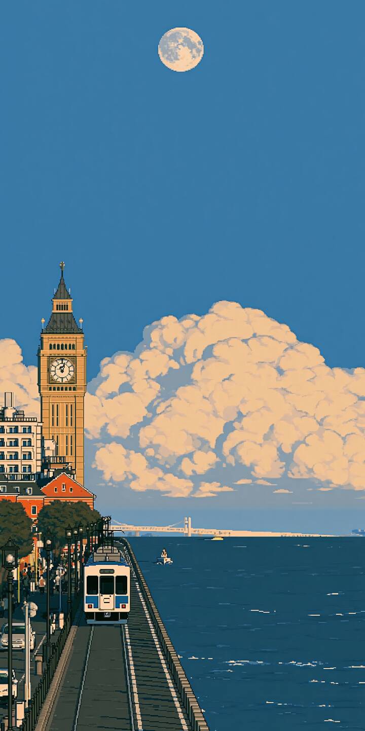 Pixel art vertical wallpaper. A train travels along the coastal track beside the sea. Big Ben stands on the left, huge fluffy clouds spread across the sky, and a full moon hangs high above the clear blue sky. | train seaside pixelart bigben fullmoon Pixel art vertical wallpaper. A train travels along the coastal track beside the sea. Big Ben stands on the left, huge fluffy clouds spread across the sky, and a full moon hangs high above the clear blue sky.