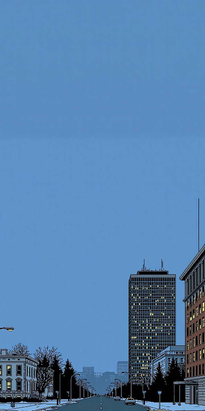 A straight city avenue stretches into the distance. Snow covers the roadside, tall buildings line both sides, glowing windows light up. A yellow old sedan drives on the road under a vast clear pale blue sky. | illustration city street snow yellow sedan retro urban A straight city avenue stretches into the distance. Snow covers the roadside, tall buildings line both sides, glowing windows light up. A yellow old sedan drives on the road under a vast clear pale blue sky.