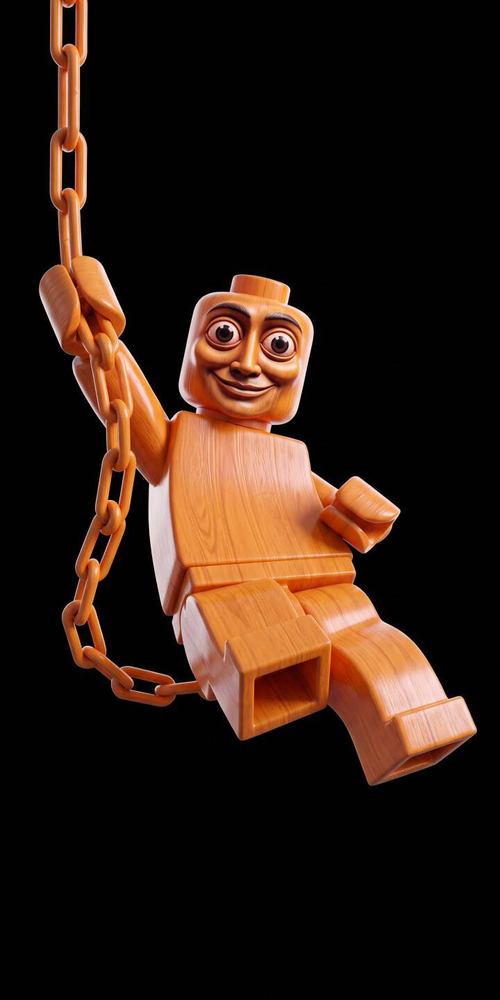 A wooden Lego-style figure with an unnerving, maniacal grin and wide eyes clutches an orange chain, swinging against a stark black background in this striking 4K wallpaper. This unique wallpaper for iPhone perfectly captures the surreal and slightly creepy aesthetic of the animated toy. | lego creepy iphone wallpaper mobile 4k wallpaper hd wallpaper dark background surreal bizarre 3d art wooden toy A wooden Lego-style figure with an unnerving, maniacal grin and wide eyes clutches an orange chain, swinging against a stark black background in this striking 4K wallpaper. This unique wallpaper for iPhone perfectly captures the surreal and slightly creepy aesthetic of the animated toy.
