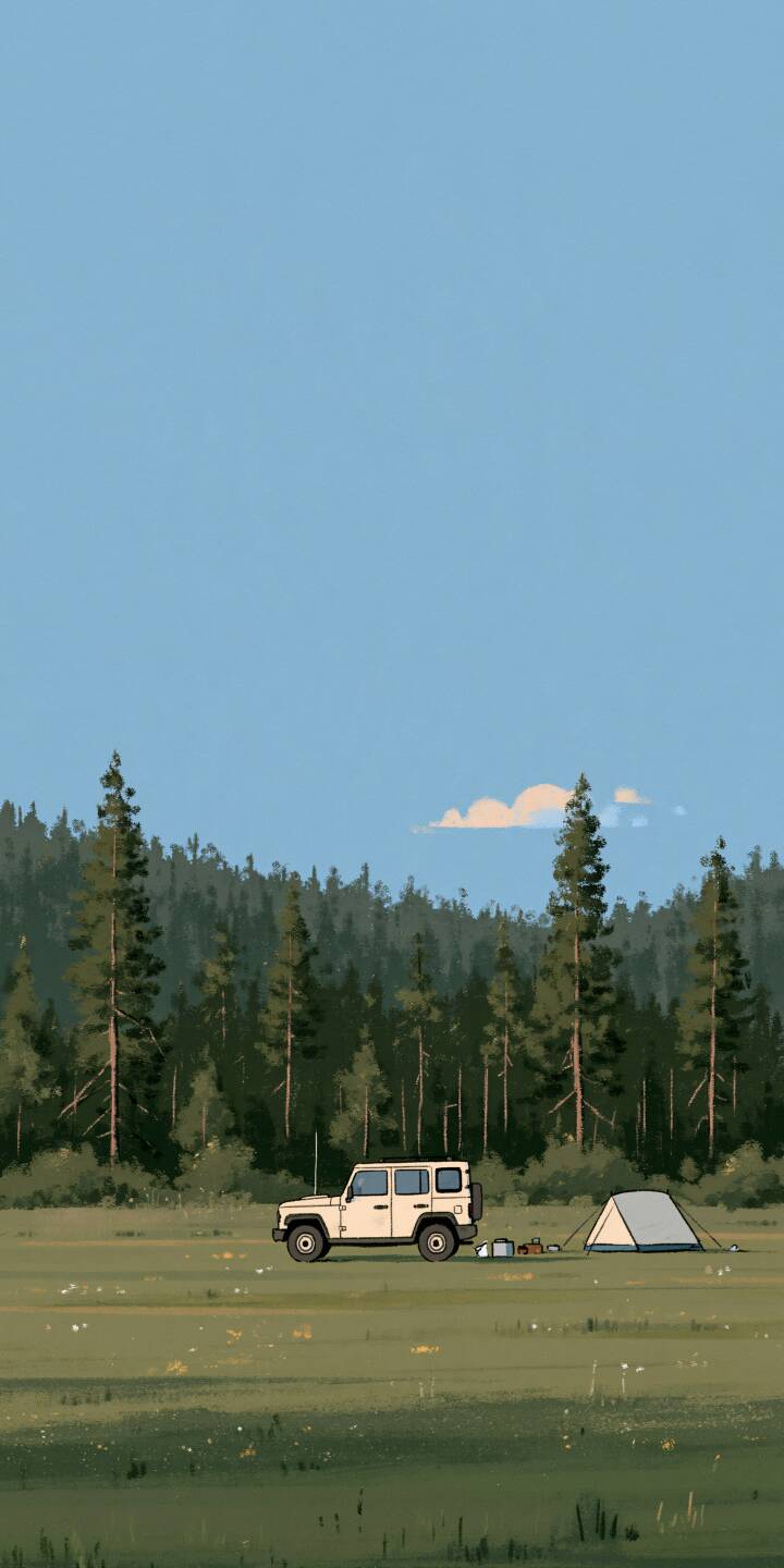 A quiet camping scene in the meadow. A white off-road vehicle and a tent sit on the grass, with dense pine forests under the light blue sky. | aesthetic forest calm jeep camping A quiet camping scene in the meadow. A white off-road vehicle and a tent sit on the grass, with dense pine forests under the light blue sky.