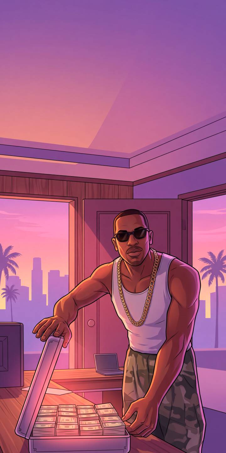 Purple and orange hues bathe the cityscape as CJ reveals a briefcase packed with cash in this vibrant 4K wallpaper for iPhone. A cool, iconic Grand Theft Auto wallpaper featuring his signature style, perfect for your mobile device. | sunset urban money iphone wallpaper mobile grand theft auto gta san andreas 4k wallpaper hd wallpaper vector art cj Purple and orange hues bathe the cityscape as CJ reveals a briefcase packed with cash in this vibrant 4K wallpaper for iPhone. A cool, iconic Grand Theft Auto wallpaper featuring his signature style, perfect for your mobile device.