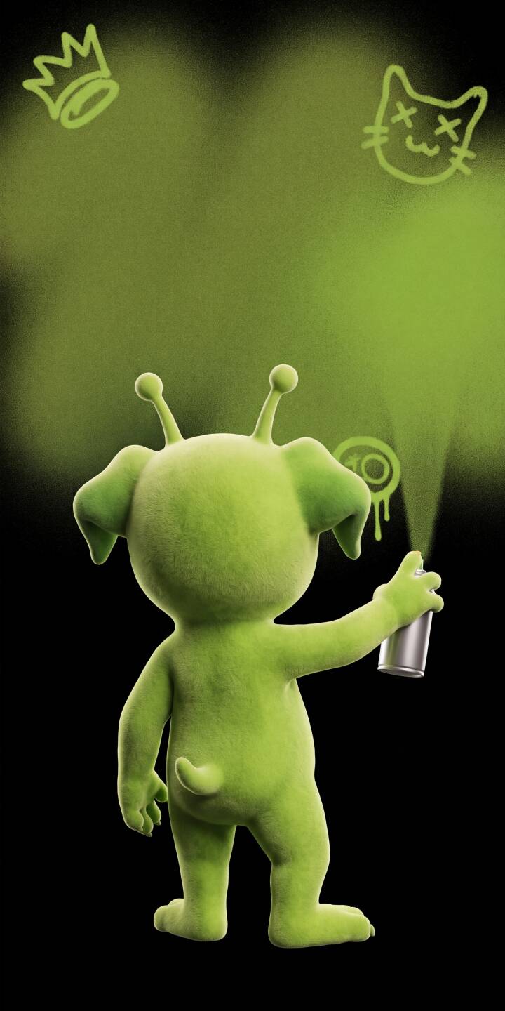 A fuzzy green creature with antennae playfully spray-paints vibrant green graffiti symbols, including a crown and cat face, onto a dark background in this striking 4K wallpaper — a must-have wallpaper for iPhone fans seeking quirky art. | cartoon street art cute iphone wallpaper alien graffiti mobile spray paint 4k wallpaper hd wallpaper green creature A fuzzy green creature with antennae playfully spray-paints vibrant green graffiti symbols, including a crown and cat face, onto a dark background in this striking 4K wallpaper — a must-have wallpaper for iPhone fans seeking quirky art.