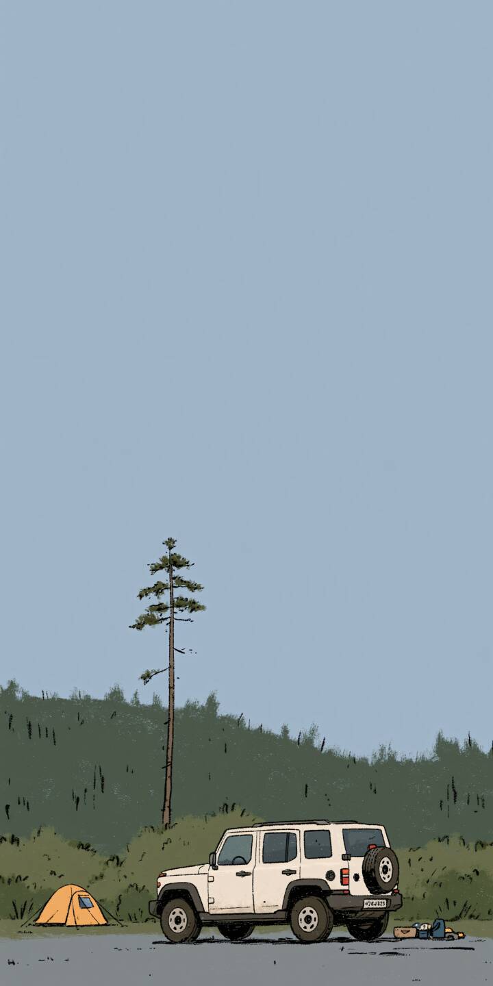 A quiet outdoor camping scene. A white off-road vehicle parks beside an orange tent, with a tall lone pine and green hills under the pale blue sky. | aesthetic blue forest jeep camping A quiet outdoor camping scene. A white off-road vehicle parks beside an orange tent, with a tall lone pine and green hills under the pale blue sky.