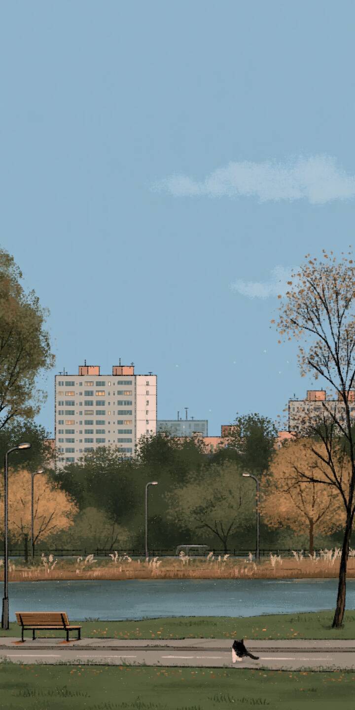 A quiet autumn riverside scene in the city. A black-and-white cat walks on the path, with residential buildings and autumn trees beside the calm river under pale blue sky. | blue city cat river autumn A quiet autumn riverside scene in the city. A black-and-white cat walks on the path, with residential buildings and autumn trees beside the calm river under pale blue sky.