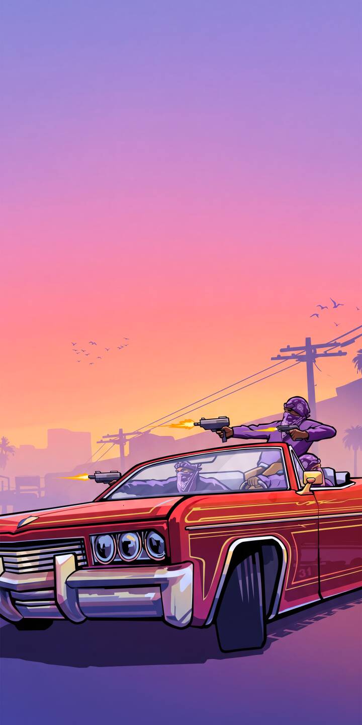 Bright muzzle flashes erupt from submachine guns wielded by purple-clad figures in a vibrant red lowrider convertible, driving through a sunset-bathed city. This dynamic 4K gangster wallpaper is an incredible statement wallpaper for iPhone users seeking a bold urban aesthetic. | aesthetic sunset urban gangster iphone wallpaper lowrider mobile 4k wallpaper hd wallpaper driveby gunfire Bright muzzle flashes erupt from submachine guns wielded by purple-clad figures in a vibrant red lowrider convertible, driving through a sunset-bathed city. This dynamic 4K gangster wallpaper is an incredible statement wallpaper for iPhone users seeking a bold urban aesthetic.