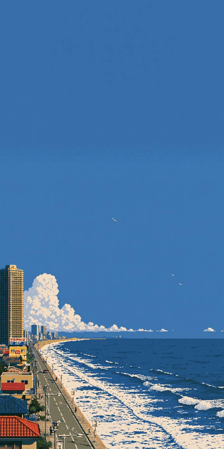A long coastal road runs parallel to the curving shoreline. White surf rolls onto the sandy beach. Seaside buildings line the street, huge billowing white cumulus clouds gather in the distance under vast deep blue sky. Tiny planes fly high up in the sky. | beach pixel art coastal road long coastline minimalist wallpaper aesthetic A long coastal road runs parallel to the curving shoreline. White surf rolls onto the sandy beach. Seaside buildings line the street, huge billowing white cumulus clouds gather in the distance under vast deep blue sky. Tiny planes fly high up in the sky.